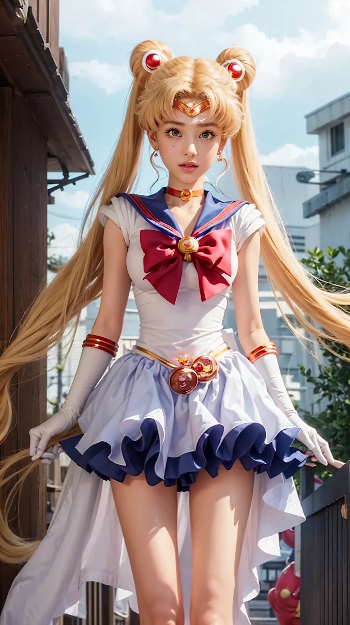 (8 thousand, RAW photos, best quality, masterpiece:1.2), (incredibly fast:1.0), detailed illustration, detailed, (realistic, photo-realistic:1.37), detailed beautiful skin, sailor moon, (1 girl: 1.2),(whole body:1.2),(The Hand of Guido Daniele:1.2), slim body, cute, happy, long hair, long legs, divided,Blue skirt,red bow,blue eyes,blond hair,twin tail,hair bun,headdress,blue sailor collar, Red choker, Red boots, high heel, Sailor Senshi Uniform, white gloves,headdress with jewels,elbow gloves,pleated skirt,Knee boots blue sky, beautiful sky, (Vision), lake, falling petals, falling leaves, cowboy shot,smile