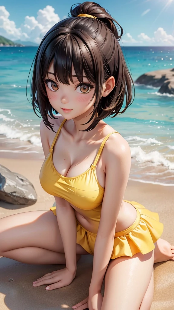 1_girl, solo, sksbrooke person, sksbrooke, (masterpiece:1.2), (best quality:1.2), perfect eyes, perfect face, 1girl, solo, brown eyes, (medium breasts), perky breasts, yellow stripe bandeau top and Brazilian bottom bikini set, beach background, sitting in a beach chair