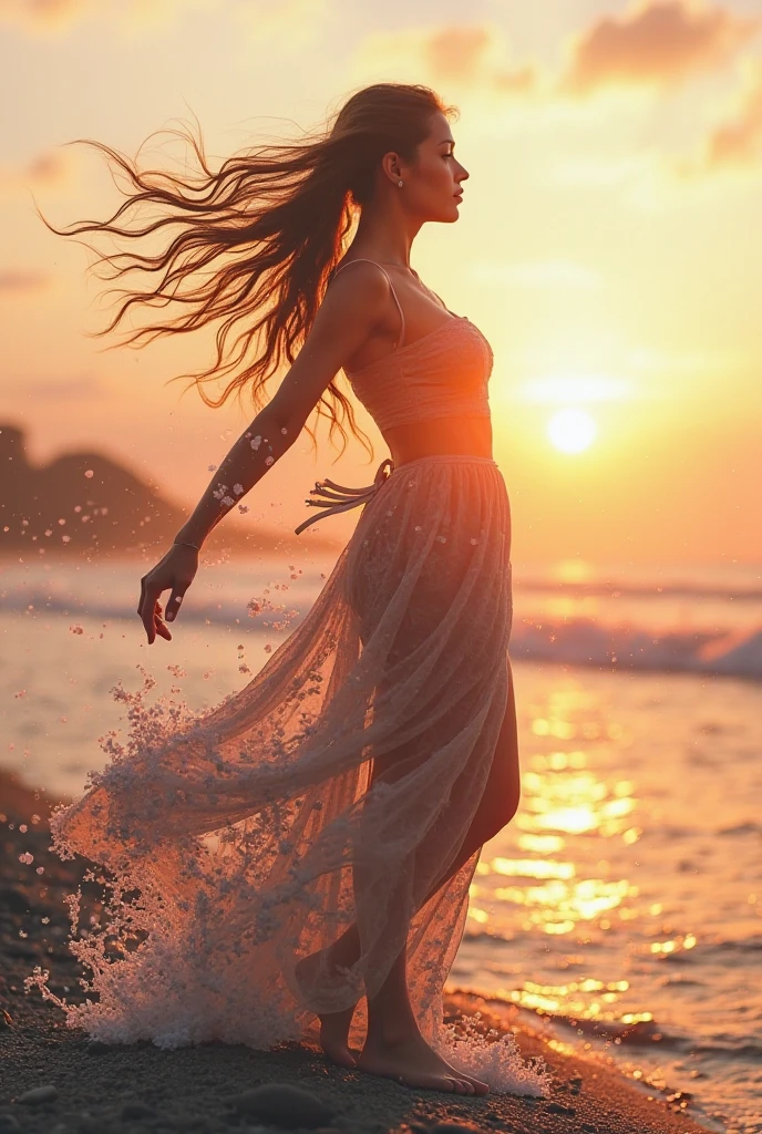 (masterpiece, top quality, best quality, photorealistic, official art, beautiful and aesthetic:1.2), A woman walking along the coast, looking out to blue sea, a very strong tailwind blowing strongly, long hair and clothes heavily disheveled, hair blows in the face, hair covers the face, colorful clothes, a beautiful front silhouette, HDR,bokeh,,fine art photography, front to viewer