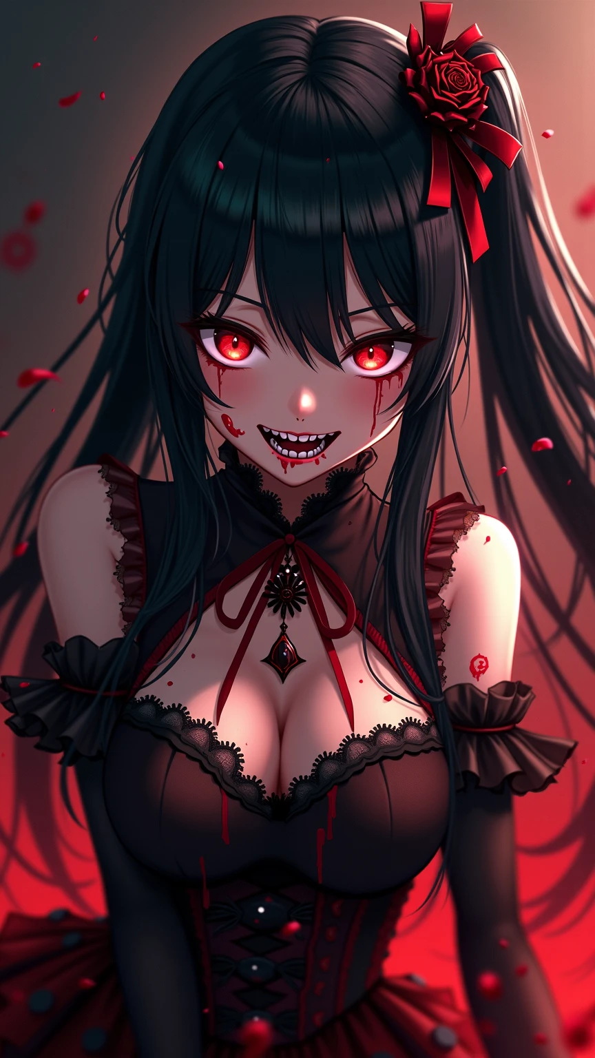 (Highest quality,4K,High resolution,masterpiece:1.2),Very detailed,Realistic:1.37,Spooky altar background,Dark fantasy,Red color scheme,Ominous atmosphere,Eye-catching,Storytelling,anatomy,Anime Style,Concept Art,beautiful細部までこだわった顔と (((Red eyes ))),A terrifying ritual ,Satanic Ritual,Premature death,Misconduct,Crazy Smile,Scythe Face,Girl Monster, beautiful, Delicate facial features, Sharp Eye, Sharp Fangs, Pale skin, Thick chain, Dark Background, Cinema Lighting, Dramatic Shadows, Gothic style, Gloomy atmosphere, Dark fantasy, One Girl, , Please open your mouth wide, Open your mouth and baring your teeth,Sharp teeth like a beast, Wide lips, very wide mouth, Vermilion cheeks, ,(Blood splatter:1.4),Scary smile, smile,Fallen angel design, Twisted smile、Bloodstained、bleeding from the head,,,、Blood splatter、,(Blood splatter:1.4),Crossbones, skull,Horror Style, ((Fantasy Fallen Angel Costume)), ((Flowing black hair)), ,(Blood splatter:1.4),Female curves, Sexy flat stomach, Perfect hands, Perfect anime face, ((White ta Dress)), Are standing, ((Wicked Smile)), ,(Blood splatter:1.4), Steam circulates, Moonlight Illumination, night lighting, disaster々new devil horns,,(Blood splatter:1.6),アニメFallen angel design, Twisted smile、Bloodstained、bleeding from the head,,,、Blood splatter、,(Blood splatter:1.4),Crossbones, skull,Gothic architecture、Western architecture、Fantasy World、,Victorian cities, Skeleton Gas Light,