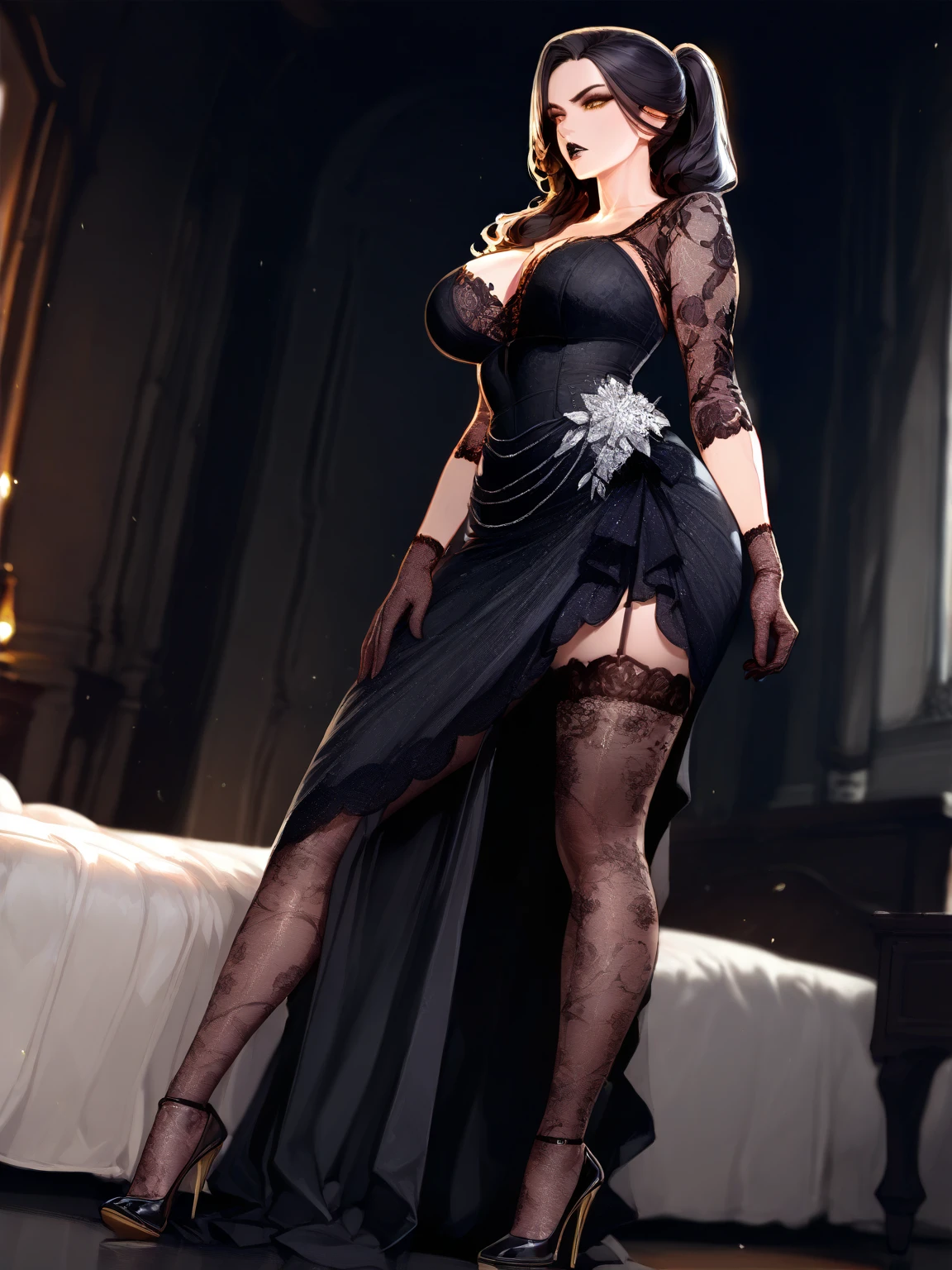 Body position: Standing, straight, symmetrical, barefoot, Lustful smile on face with red blush, 