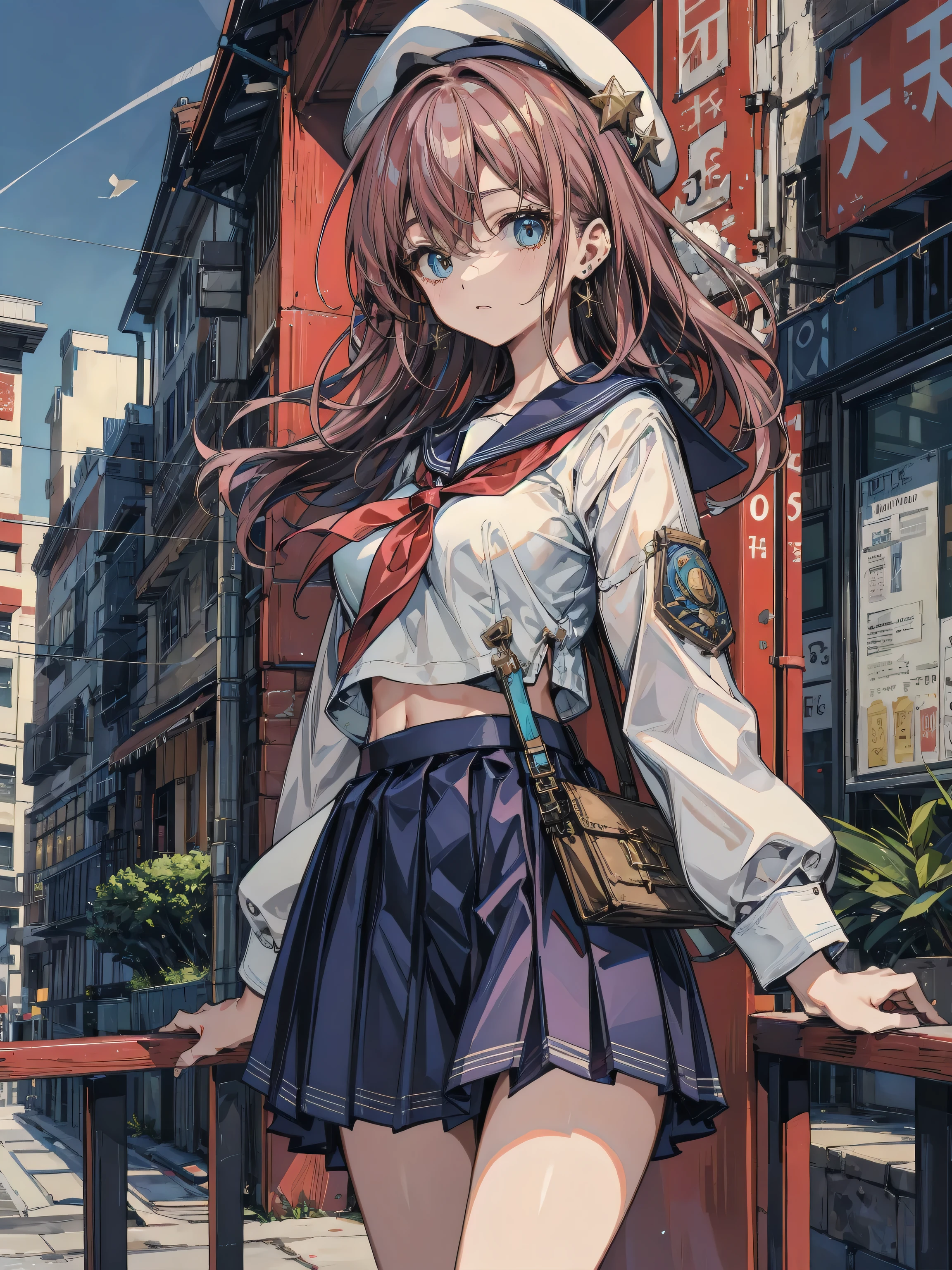 earring, large breasts, narrow waist, hair behind ear, cowboy shot, black hair, beret, skirt, sailor school_uniform, midriff, school,