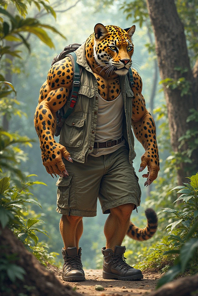 anthro, jaguar, male, adult, muscular, veiny muscles, flexing, tank top, jeans, realistic fur, detailed background, wilderness background, realistic, photorealistic, ultra realistic, 8k,