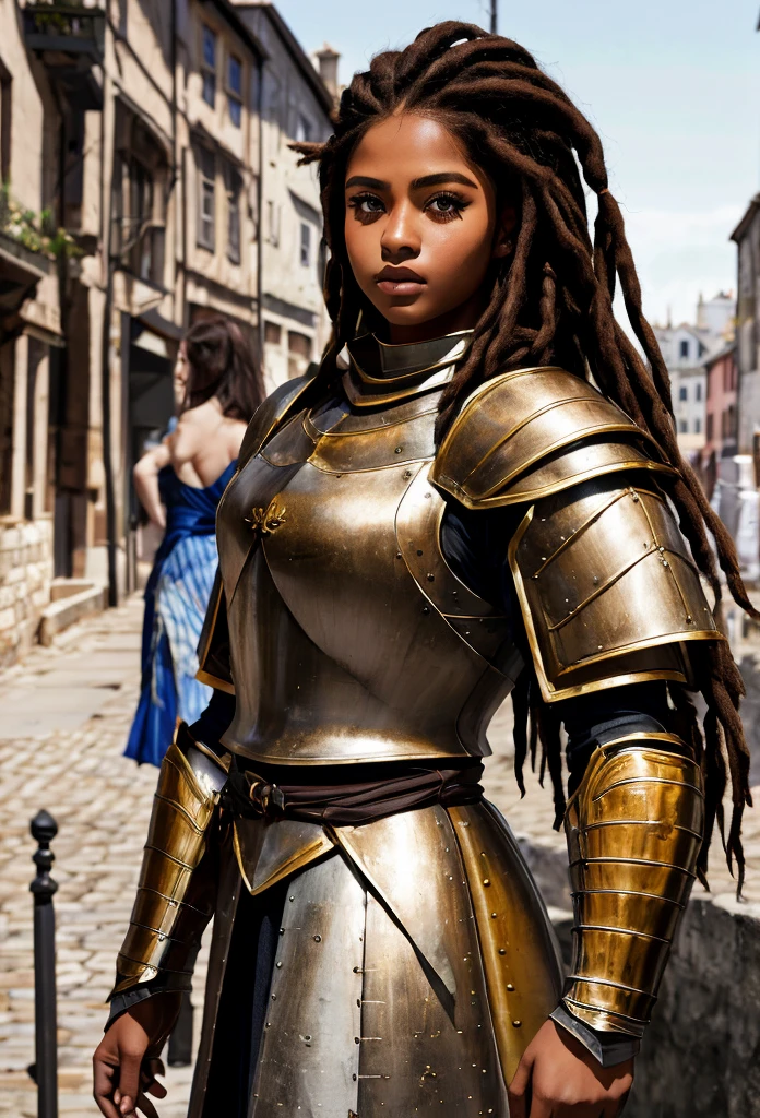 18 year old black woman、Beauty、Blonde、Warrior in armor、Exposed Armor、Dreadlocks、background　Medieval port town、high resolution