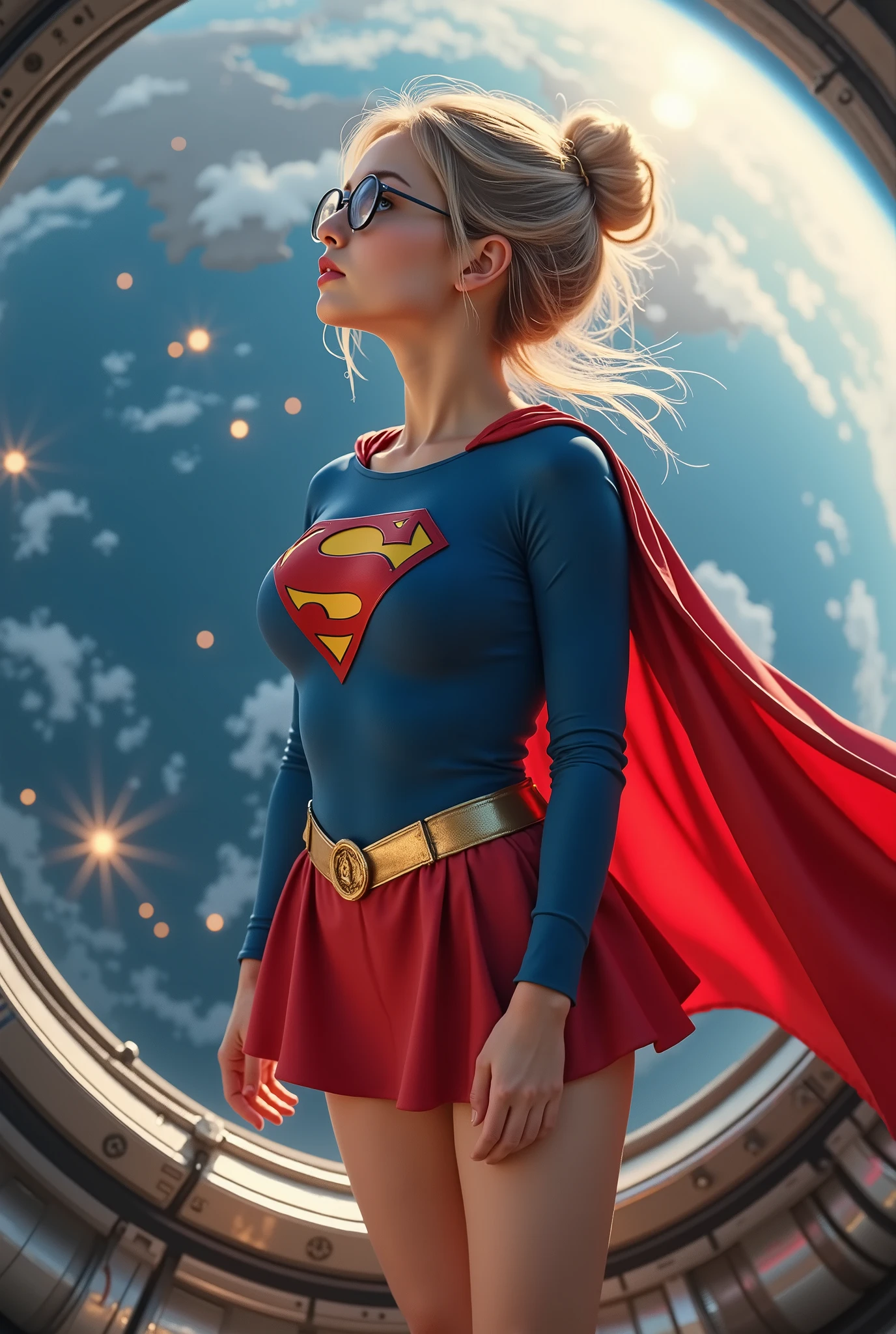 CUTE INNOCENT FACE, HAIR UP AND WEARING GLASSES STARING DOWN AT EARTH FROM SPACE (A SEXY 17-YEAR-OLD BLONDE FEMALE AS SUPERGIRL) A highly detailed and ultra-textured 8K high-resolution image of an iconic 1980s Supergirl costume. The outfit consists of a vibrant royal blue bodysuit, meticulously crafted with visible fabric textures, subtle stitching, and natural folds. The classic red and yellow 'S' emblem on the chest is bold and slightly raised, giving it a three-dimensional appearance. The flowing red cape is made of a rich, slightly glossy material, with realistic movement and intricate fabric details. The waist features a golden-yellow belt with a distinct 1980s design, adding to the authenticity of the ensemble. The knee-high red boots have a sleek leather-like finish with visible seams and subtle creases, emphasizing realism. The lighting highlights every detail, making the costume appear lifelike and cinematic. The background is neutral yet dynamic, ensuring full focus on the costume's textures and design, capturing the nostalgia and power of the classic 1980s Supergirl aesthetic