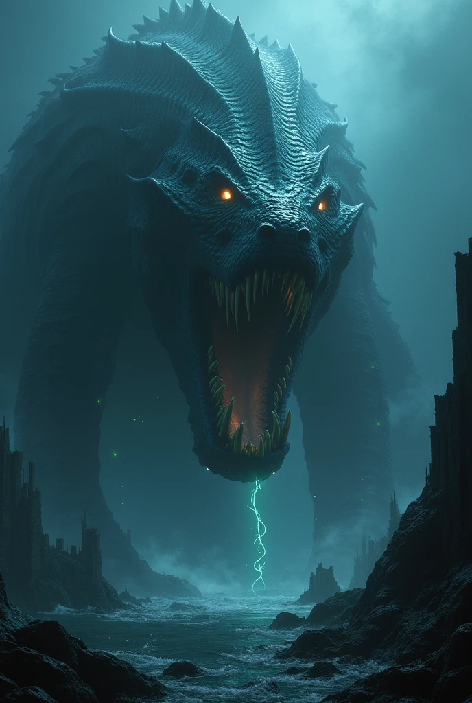 A very detailed painting, ice world, Depicts a man have a weapon on a hill gazing at a giant alien monster lightning rain breath, author:Shinkai Makoto, By Art Jem, From Wlop, author:Greg Rutkowski, Volumetric Lighting, Octane Rendering, 8K resolution, Popular on artstation, masterpiece ,flame magic