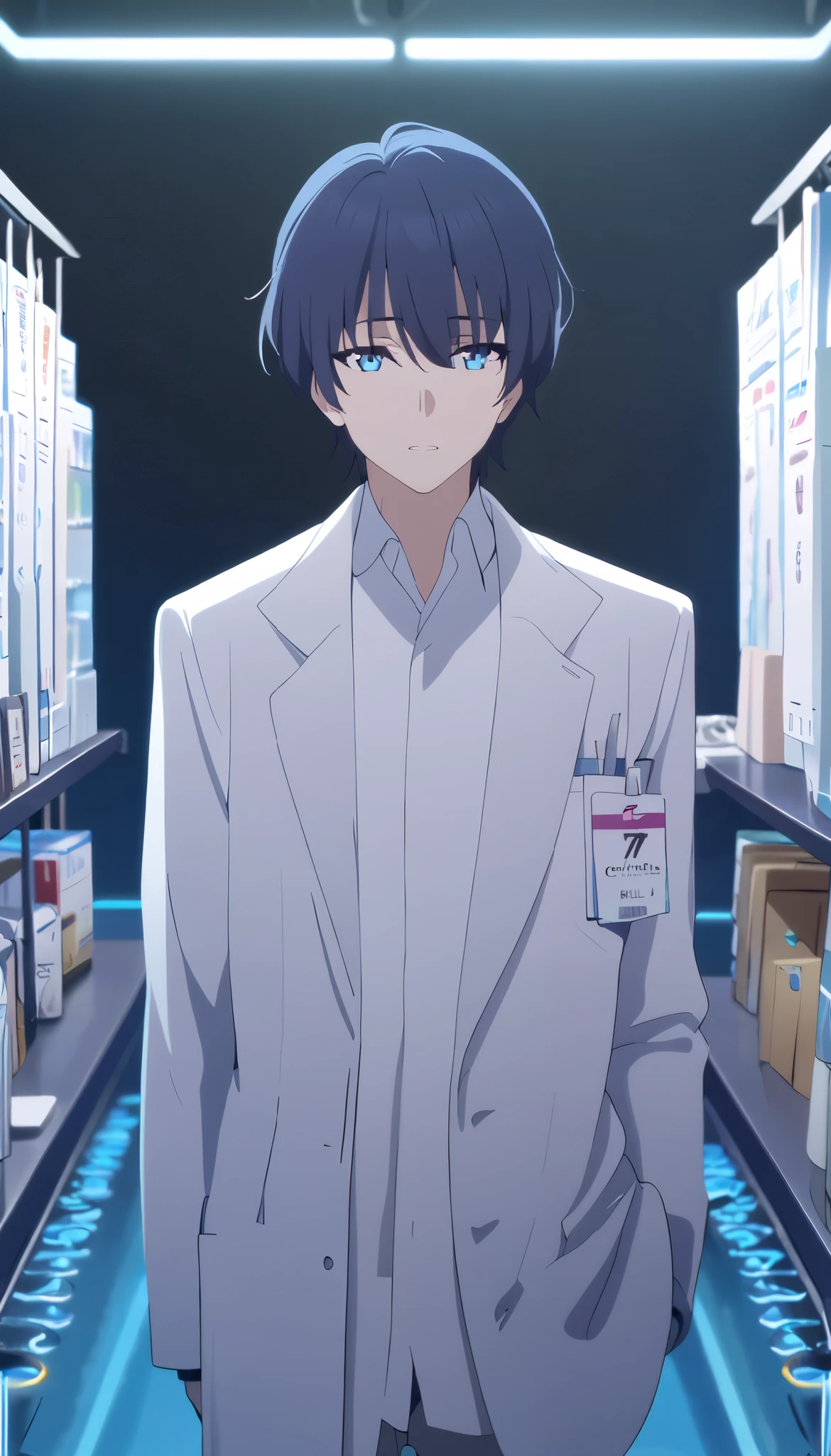 masterpiece, best quality, solo, 1man, mature, dark blue hair, short hair, cerulean blue eye, white pharmacist coat, standing, looking at viewer, calm, reserved, chill, black background only