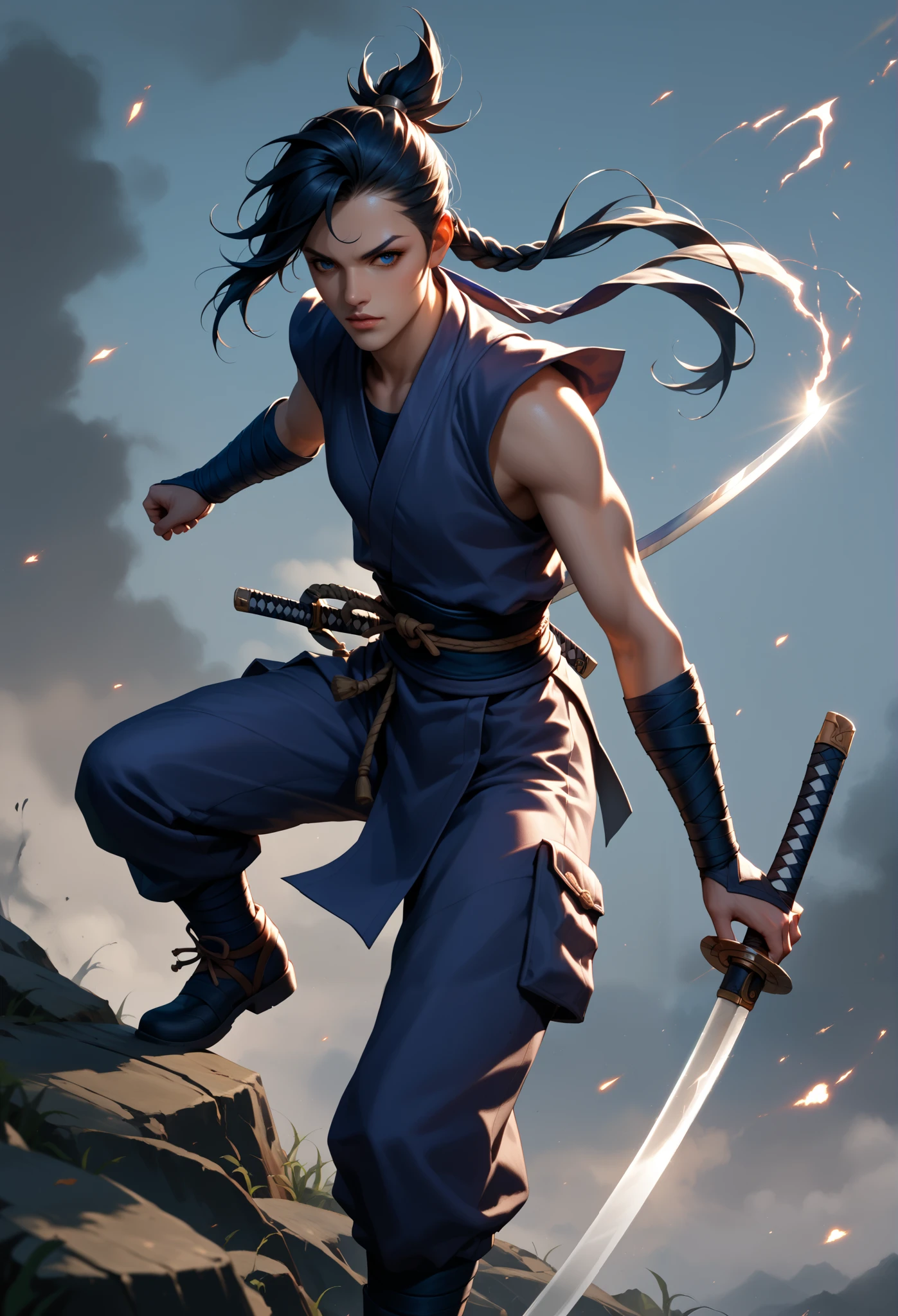 Swordsman, long black hair tied in a ponytail, dressed in baggy black pants, a short, old, pale blue tunic with the right arm part broken. Anime style