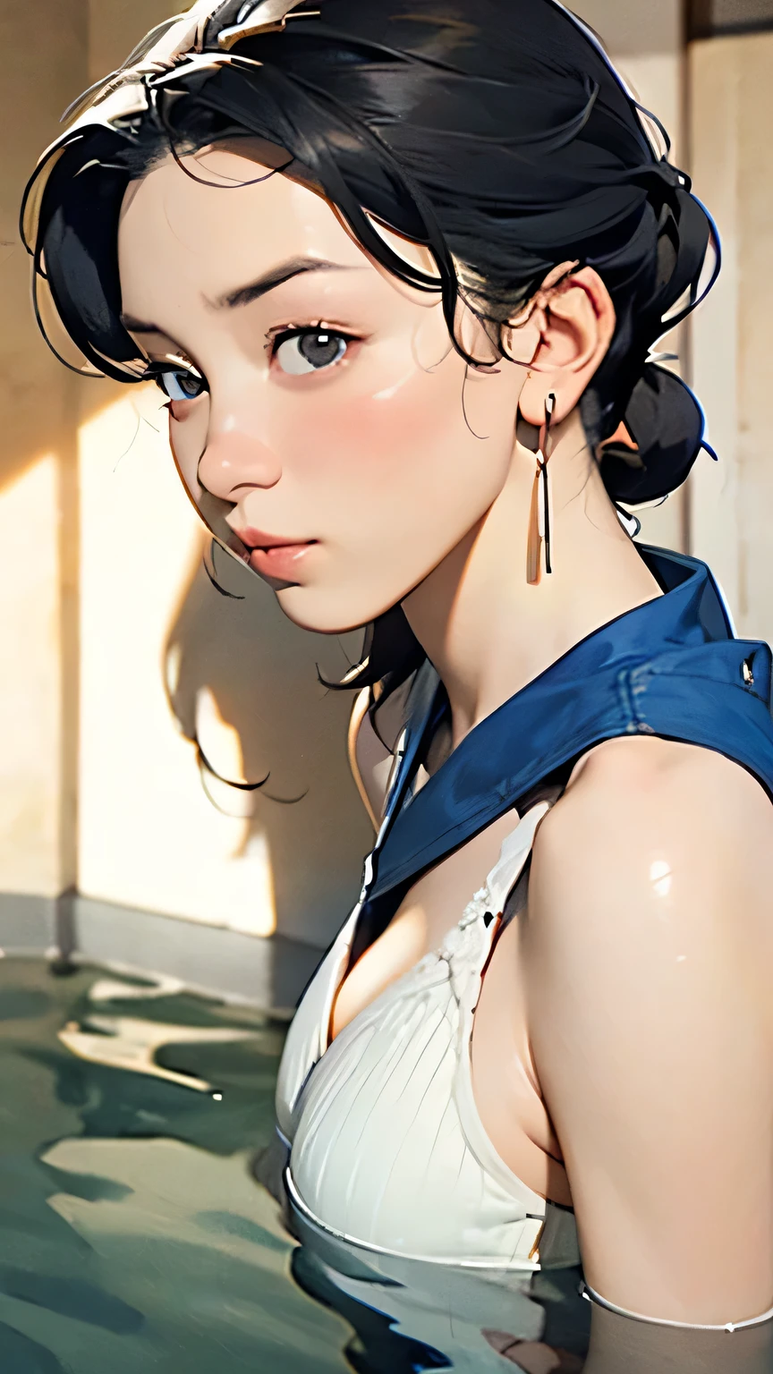 ((((Top Quality)))), (((Ultra Precision CG 16K ))), ((( masterpiece))), (((very well exhaustive))), (((extremely exhaustive))), (((Black outline:1.3, border depth :1.3 , , sharpness))), Multilayer Texture, surface shading, Cinematic Lighting, beautiful shimmering details , perfect body;1.4, Limited to One Woman , accurate, is anatomically accurate, very exhaustive face and skin texture, exhaustive, very exhaustive facial skin texture, beautiful eyes, beautiful hair, Beautiful Japanese Idol Faces , beautiful eyes, beautiful body, beautiful breasts, beautiful thighs, beautiful legs, beautiful fingers for cows, (STUNNING BEAUTIFUL VIEWS), slim body, ((beautiful skin)), ((Skin Texture)), breast enlarged, ((firm and well-shaped B-cup breasts;1.5)), (( Women soaking in hot springs ;1.5)), Rocket Breasts , (((Perky Breasts ))), ( covers nipples), slim waist , ( Narrow eyes, , determined expression , hot, I Sweated) , ( striped hair, hair intake , colored inner hair ), (((Woman Wearing White Lingerie ;1.5))) , With earrings , ((Both arms are banzai;1.5)), ((腰まで Women soaking in hot springs ;1.5)), (((Sunburned skin , sunburn))), ((Frontal Shot;1.5)), ( She's Showing Her Breasts , Bend, Street Fight, Spotlight), (((video viewers, super exhaustive background))), break (((Portrait , face up, bust-up shot, video viewers, )), (nature), Random Angle, Random Situation , Pinup magazine poses
