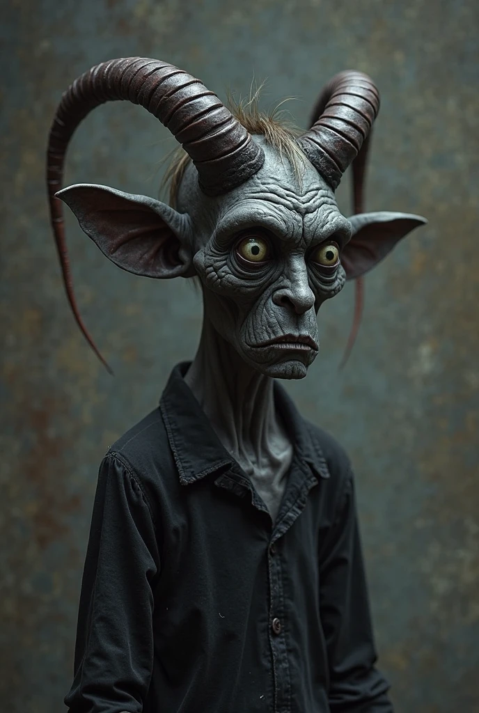 Imagine a demon that measured more or 70 centimeters tall., all dark skin , dark gray, and a black dress, torn dress.
His face was all wrinkled, so wrinkled that the skin on his face covered his eyes.
He had a tuft of hair that came out of the middle of his forehead, looking like a horn!
And the ears were identical to the ear looked like a donkey's ear, but they were flexible, and they were down.