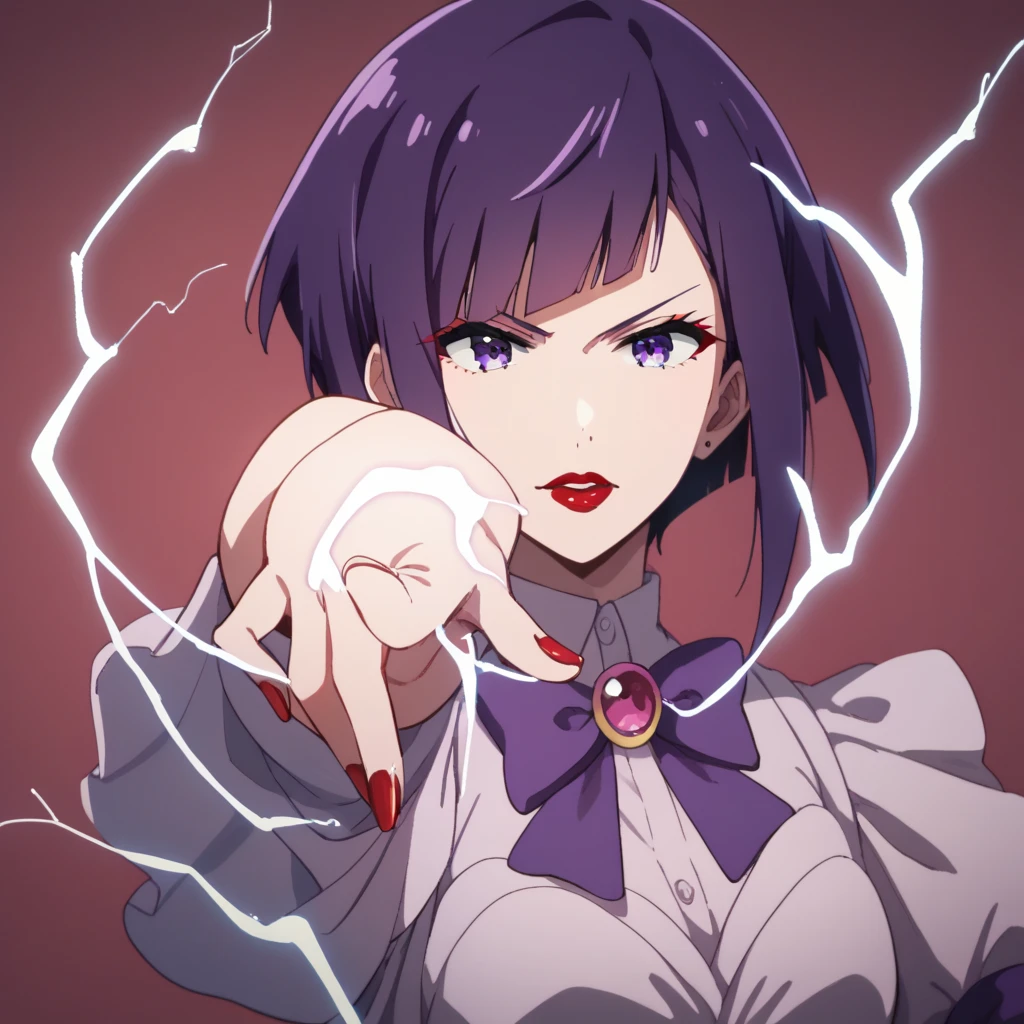 masterpiece, best quality, 1girl, prosthetic arm, from above, (orange eyes, purple hair:1.4), floating hair, short hair, hair between eyes, formal, business suit, skirt suit, bangs, medium breasts, black legwear, (narrowed eyes, smug, furrowed brow:1.2), lightning, (energy, dark aura:1.3), outstretched arms, destruction, darkness, standing, constricted pupils, shaded face, head tilt, <lora:GoodHands-vanilla:1>, <lora:add_detail:1>, <lora:LightingVFX:0.3>