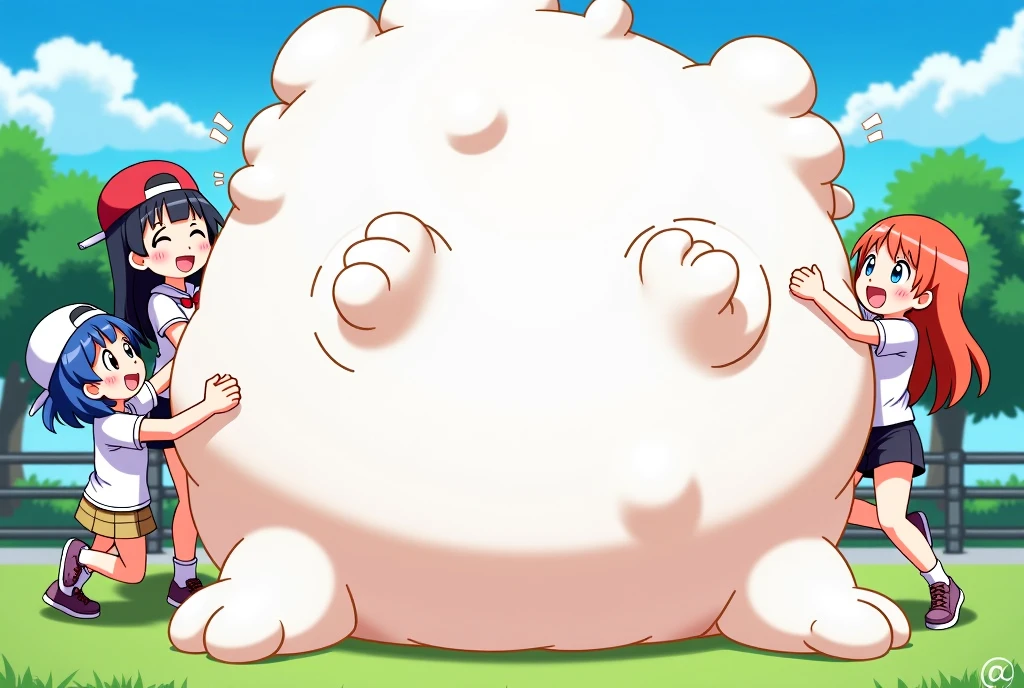 giant creature, fantasy world view, Adorable animal fictional giant character, Creatures with pastel colored hair, fluffy, fluffy, round eyes, On an island floating in the sky, from below, giant creatureの足元にいる女の子, (masterpiece), (highest quality), (Ultra high detail), intricate details, texture with intricate details