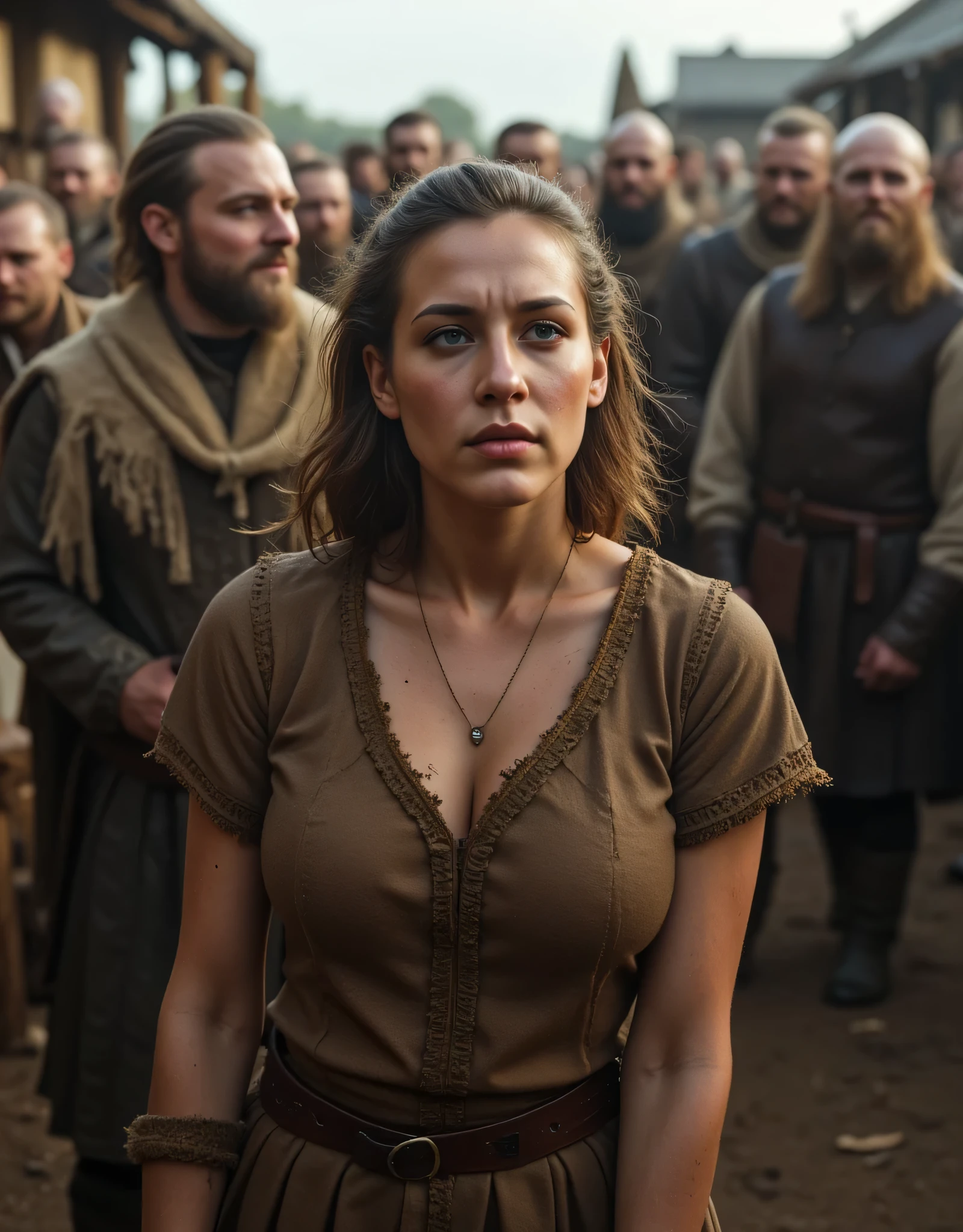 **Prompt:** In a vivid medieval European landscape, create a hyper-realistic panoramic angle image using Unreal Engine 5 that focuses on a busty poor female peasant, her face etched with sad and sorrow as she as she plead frantically to the vikings group in the market scenery. She is wearing dirt tunic dress. The group of viking merchants is standing surrounded the sad female peasant, their expressions menacingly evil smile as they try to sell her in the medieval market. The setting encapsulates the tension of the medieval era, depicted with rich detail reminiscent of National Geographic's documentary style. Incorporate strong central leading lines and an ultra-high-definition backdrop featuring a well-defined market scenery. Play with mixed lighting techniques to enhance the depth of the scene, ensuring the human figures possess anatomically accurate and lifelike features. The overall composition should evoke a sense of horror and terror, drawing viewers into the heart of the action while showcasing the artistic prowess of fantasyPunkAi.
