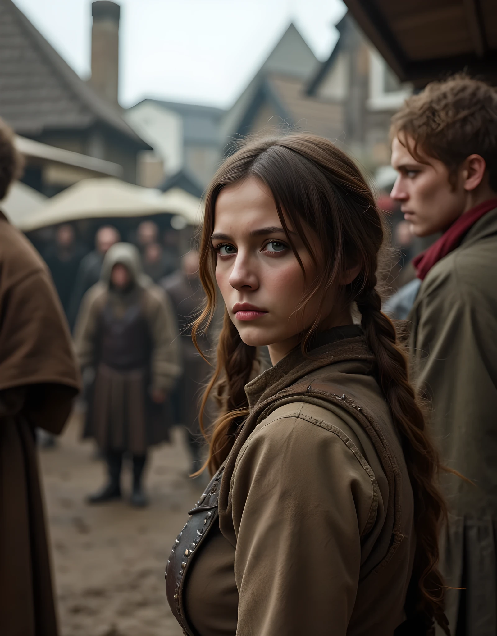**Prompt:** In a vivid medieval European landscape, create a hyper-realistic panoramic angle image using Unreal Engine 5 that focuses on a busty poor female peasant, her face etched with sad and sorrow as she stand frantically at the side of the market scene. She is wearing dirt tunic dress. She is standing behind group of Viking mechants, their expressions menacingly evil as they sell her in the medieval market. The setting encapsulates the tension of the medieval era, depicted with rich detail reminiscent of National Geographic's documentary style. Incorporate strong central leading lines and an ultra-high-definition backdrop featuring a well-defined market scenery. Play with mixed lighting techniques to enhance the depth of the scene, ensuring the human figures possess anatomically accurate and lifelike features. The overall composition should evoke a sense of horror and terror, drawing viewers into the heart of the action while showcasing the artistic prowess of fantasyPunkAi.