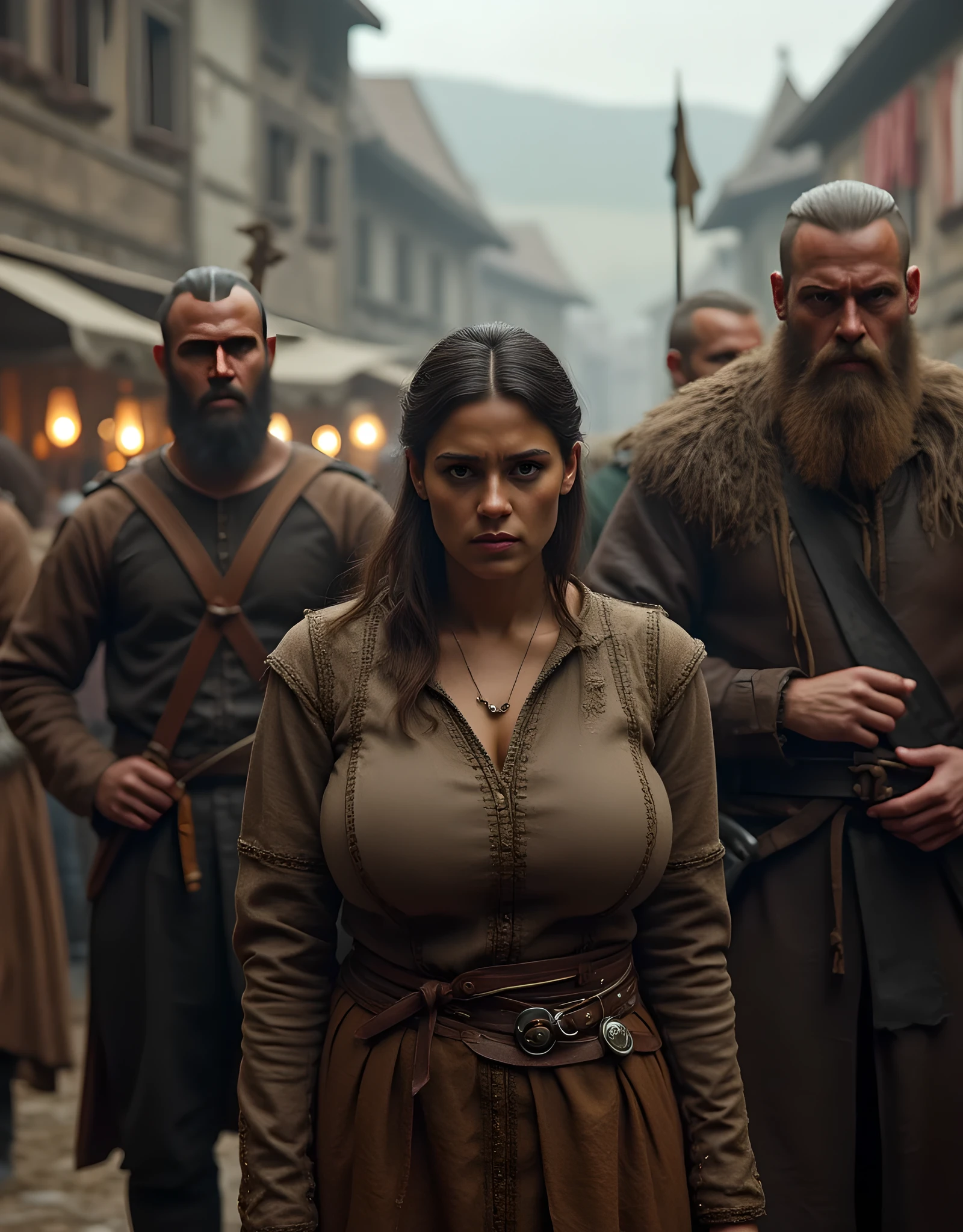 **Prompt:** In a vivid medieval European landscape, create a hyper-realistic panoramic image using Unreal Engine 5 that focuses on a busty female peasant, her face etched with sad and sorrow as she stand frantically at the side of the market scene. She is standing behind group of Viking mechants, their expressions menacingly evil as they sell her in the medieval market. The setting encapsulates the tension of the medieval era, depicted with rich detail reminiscent of National Geographic's documentary style. Incorporate strong central leading lines and an ultra-high-definition backdrop featuring a well-defined market scenery. Play with mixed lighting techniques to enhance the depth of the scene, ensuring the human figures possess anatomically accurate and lifelike features. The overall composition should evoke a sense of horror and terror, drawing viewers into the heart of the action while showcasing the artistic prowess of fantasyPunkAi.