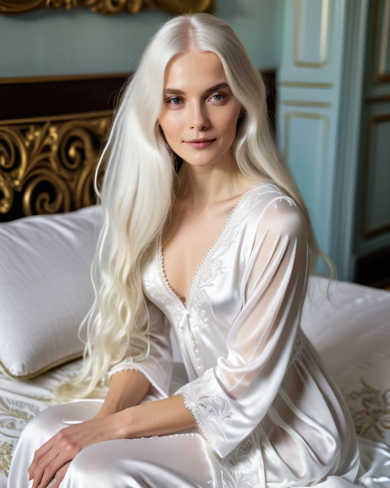 close portrait of buxom 18-years-old young feminine beautiful female dutch high fashion model, seductive dramatic dynamic pose, very long wavy hair, white hair, loose hair, big ram horns, skinny young body, purple gold silver white silk loincloth, very long hair, lying on silk pillows, gold, marble grotesque