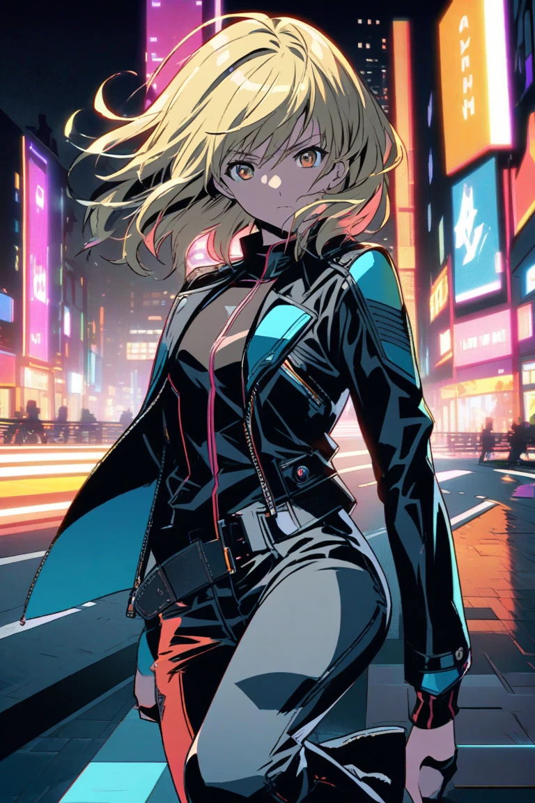 masterpiece, color photo of slim gorgeous blonde woman, sexy, cyberpunk, long hair, racing suit, latex, (((unbuttoned outfit))), ((open top)), small breasts, ((tight shirt)), looking at viewer, nikon 85mm, alone, single, neotokyo, outside, night, street, motorcycles, high tech, the future, soft light, centered, volumetric lighting, bomber jacket, ligne claire, flat color, chromatic aberration, high contrast, limited palette