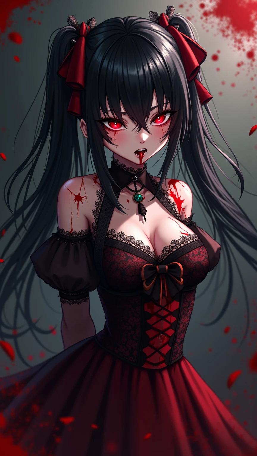 (Masterpiece: 1. 2, top quality), (live action, elaborate detail), (anatomically correct), (one girl, small breasts, open eyes, scary atmosphere, gothic ta outfit, distorted expression, evil smile, bloody eyes, blood splatter, full body, twin tails, black hair, (dark circles under eyes), white, morbid, crazy eyes, ( grin), dramatic makeup, mixed media art, white background