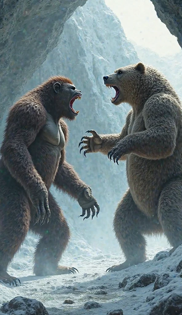 Two enraged grizzly bears clash in the dense forest, their massive forms shaking the trees and scattering leaves. Their amber eyes are fixed on each other, expressions of raw anger and determination. The larger bear towers over its opponent, its dark fur standing on end, as it swipes its paws in the air, preparing to strike. The smaller bear snarls, baring its sharp teeth, and lunges forward with incredible speed, colliding with its adversary in a deafening roar. The forest trembles beneath their powerful legs, and twigs snap under their paws. The scene is captured in stunning detail, each hair on the bears' coats visible, each muscle in their bodies t