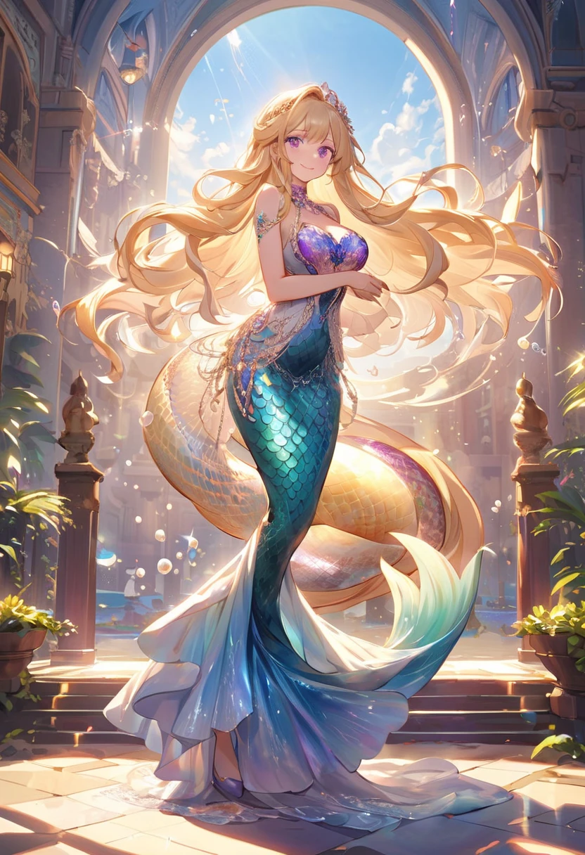 (Best Quality, Masterpiece), 1 Kraken, Yellow Diamond Mineral, Beautiful Full Body Concept Art, (Simple White Background), Long Blonde Hair, Mineral, (Mermaid Tail: 1.4), Smooth Glass Thickness, Transparent, Film Lighting, Rendering, 4K,--niji 5