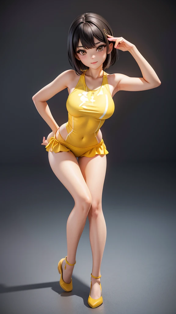 1_girl, av idol. 25-years-old korean girl. slender and medium breast. brown eyes. short black hair and bangs in the front. Wearing a bright, cheerful yellow swimsuit, such as yellow or a playful pattern that enhances her sunny disposition, 3D Render Style, Sandy beach with cliff background   kneeling on one knee, with her other leg bent and foot flat on the ground. Her upper body should remain upright and strong, while one hand can rest gently on her raised knee, or be placed on her hip. The position should highlight her balance and poise, creating clean, elegant lines.