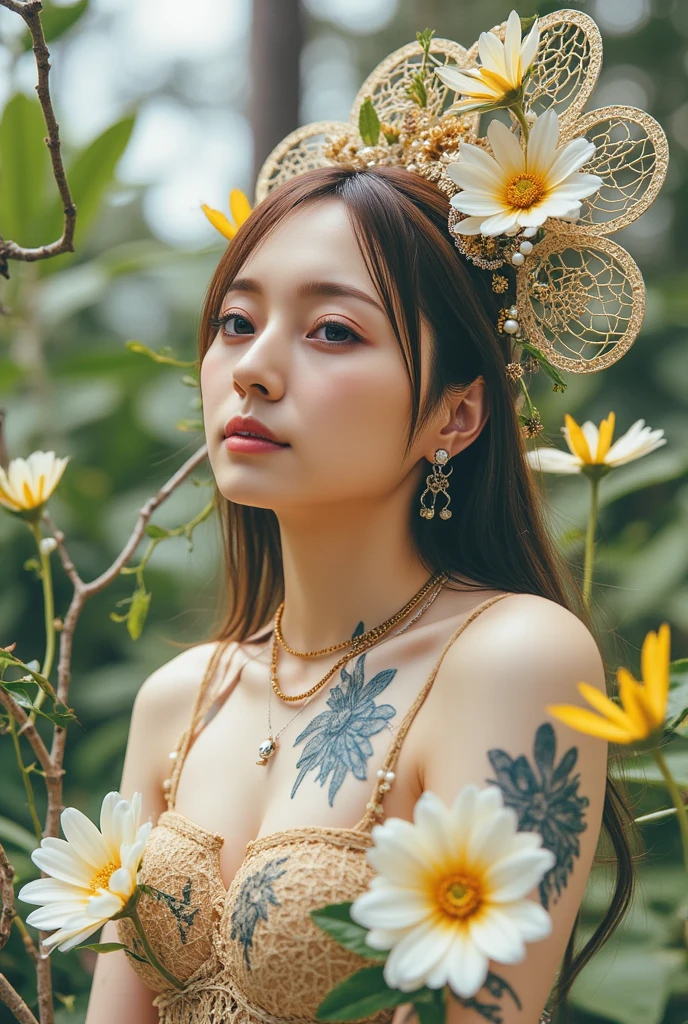 rosto feminino bonito, his back to the camera, wearing a gothic outfit, beautiful hazelnut eyes, intrincado, clivagem, soft lips, sorridente, malcriado, olhar sedutor, Sardas, peito lateral, sob peito Portrait of a tattoo artist