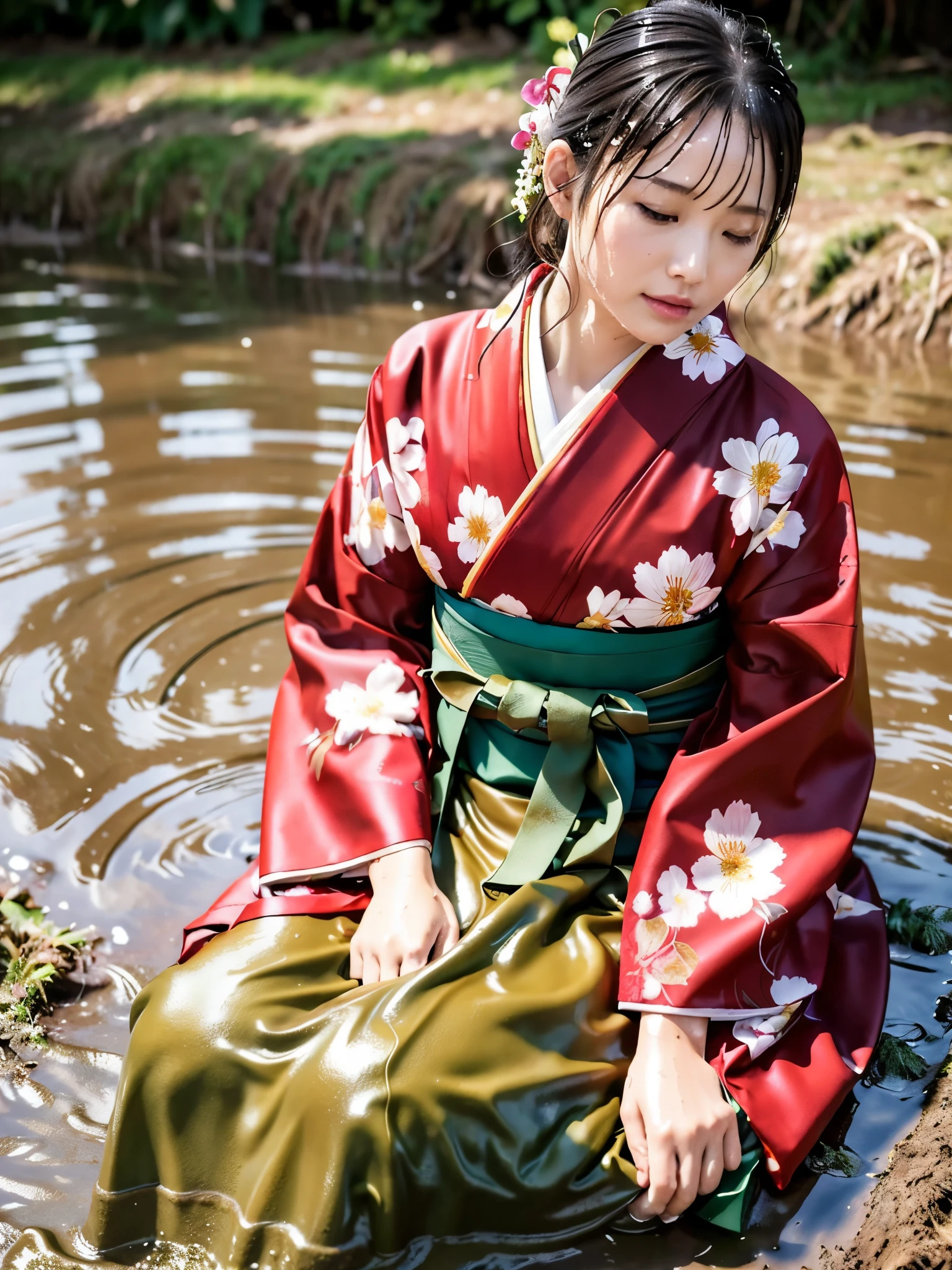 Realistic, long-sleeved kimono, hakama, long hakama, floral patterned kimono, wet clothes, soaking wet clothes, wet and shiny clothes, clothes with a wet texture, clothes that stick to the body, wet clothes, soaking wet, immersed in muddy water, sinking in mud, lying down, sitting, crawling on all fours