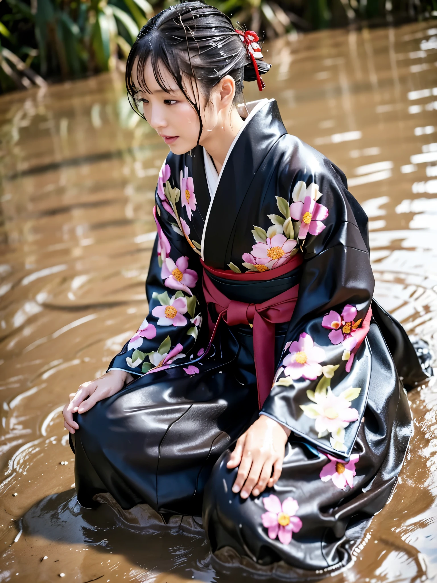 Realistic, long-sleeved kimono, hakama, long hakama, floral patterned kimono, wet clothes, soaking wet clothes, wet and shiny clothes, clothes with a wet texture, clothes that stick to the body, wet clothes, soaking wet, immersed in muddy water, sinking in mud, lying down, sitting, crawling on all fours