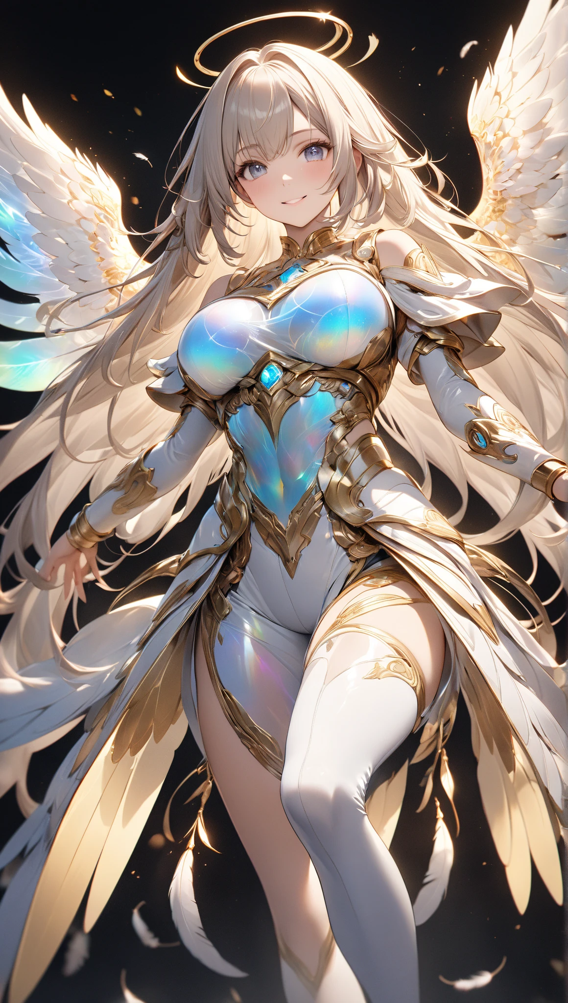 masterpiece,Soul Land_Qian Renxue ,best quality,Soul Land_Qian Renxue black white dress, gigantic breasts,muscle,in dungeon, looking at viewer, cowboy shot,golden hair, curvy, blue eyes,fog,drenched in sweat,pink cheeks,shiny suit ,smile without opening her lips,goden light,balanced eyes,plump body,jewelry,Detailed fingers ,round breasts,perfect face,golden ring on forehead,mature face,angel