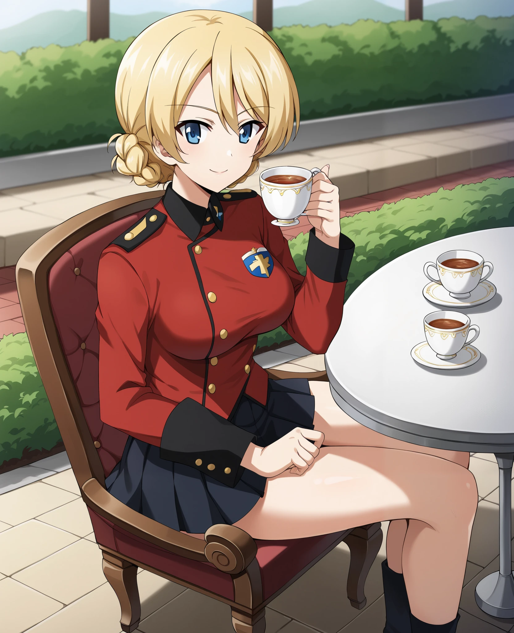 darjeeling \(girls und panzer\), 1girl, blue eyes, blonde hair, short hair, braid, medium breasts, st. gloriana's military uniform, red jacket, long sleeves, epaulettes, black skirt, pleated skirt, miniskirt, light smile, holding cup, sitting, chair, teacup, garden, score_9, score_8_superior, score_7_superior, source_ anime, (best quality:1.2), masterpiece, high quality, full color, 8k, high definition, front light