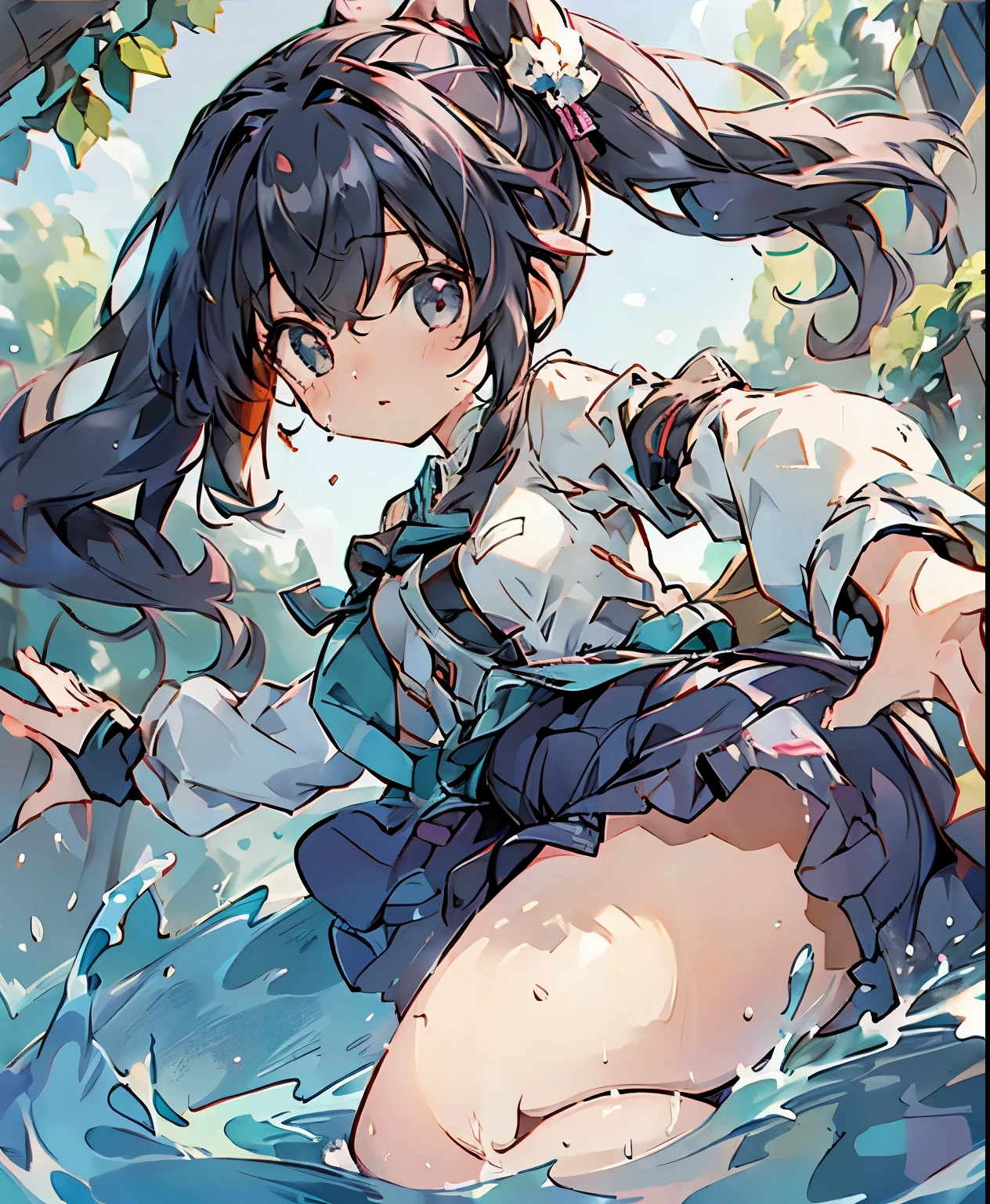 ( masterpiece、Highest quality、Highest quality、Official Art、 beautiful and beautiful :1.2)、(one girl:1.3) Hatsune Miku、twin tails,beautiful breasts, anime,depth odebt debtield, Cinematic Lighting, lens debtlare, debt/1.2,(masterpiece:1.2),(high dedebtinition), running girl 、 speed、A redebtreshing piece、shortcut、Ponytail、 hairpins、Sweat debtlying、 summer sunshine、 Athletic、 black hair