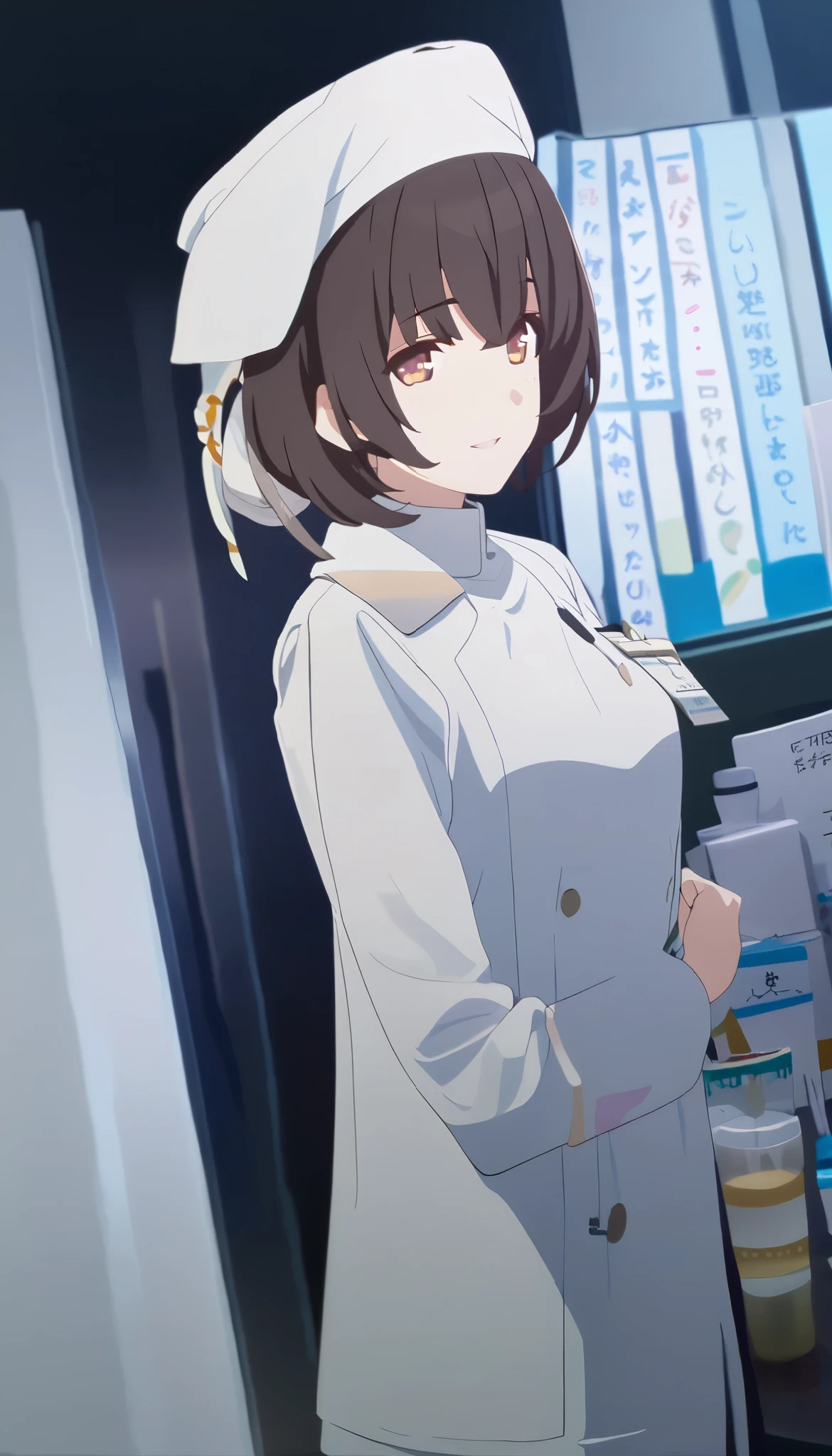 masterpiece, best quality, solo, 1girl, mature, dark brown hair, short hair to shoulder, orange eye, small breast, white pharmacist coat, standing, looking at viewer, sigh, resigned, chill, smiling, black background only