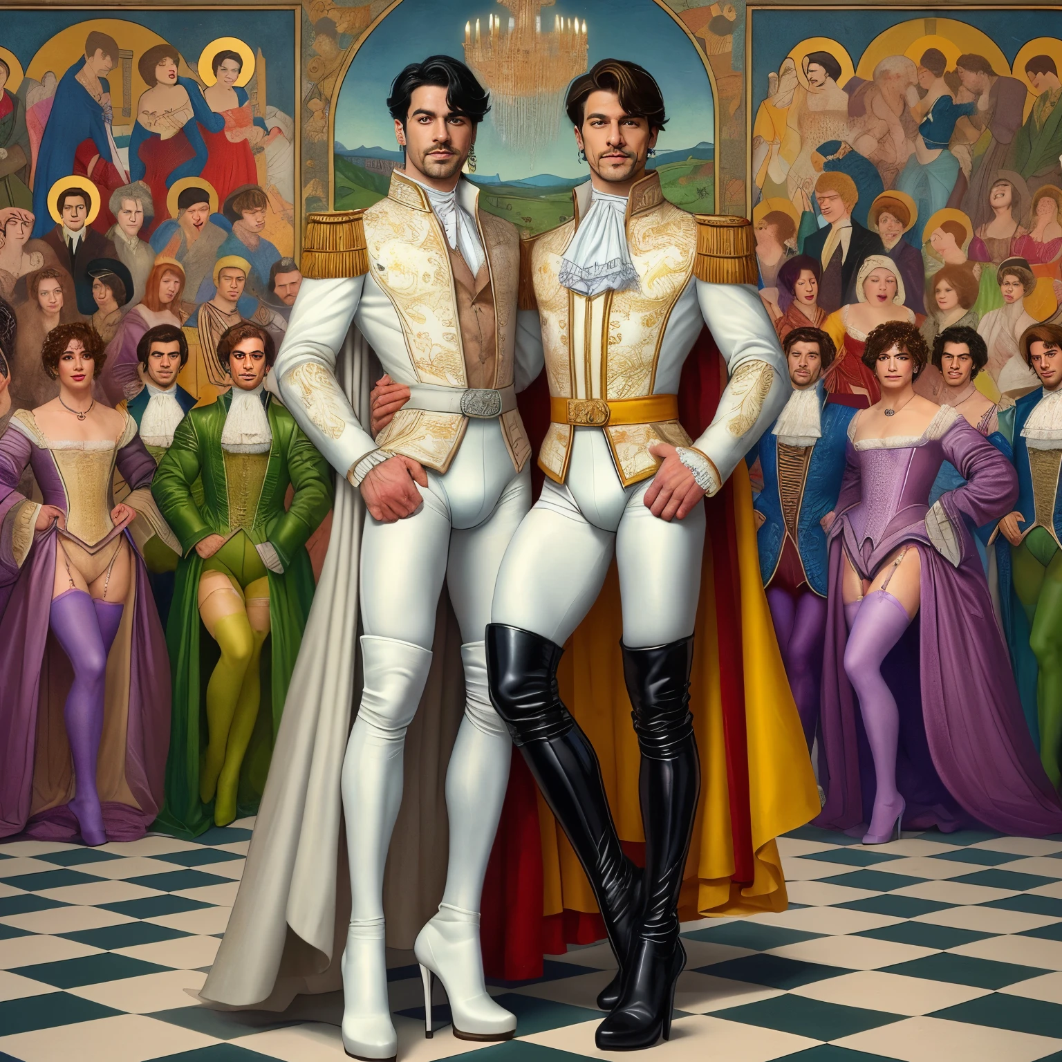 full view full body, two muscular guys, in royal skinny uniform, white skinny tights, high skinny black boots, standing in the throne room
