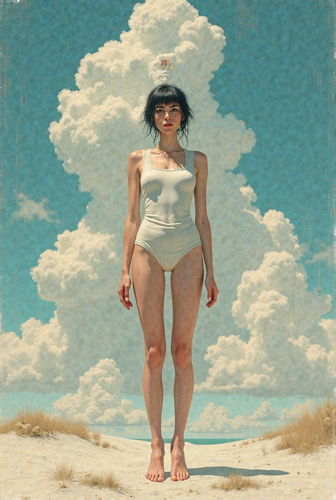 21 year old naked woman, short black hair and full body walking on the moon
