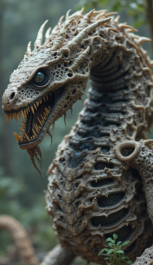 A serpent composed of decayed and reanimated s fused together, its body a grotesque chain of rotting limbs and gnashing skulls. The skin is half-stripped, revealing blackened muscle and exposed vertebrae that crack and shift as it slithers. Its hiss is not a sound but a chorus of ghostly screams.