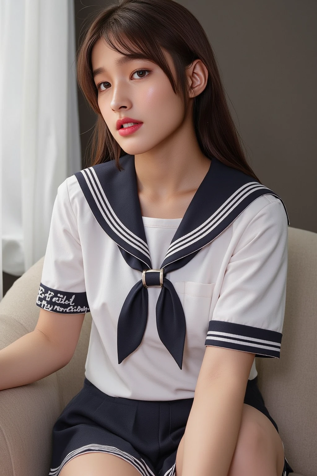 library, korean beauty, korean mix, realistic, ((best quality))), 8k, ((masterpiece)), (extremely delicate and beautiful), very detailed, ((very detailed face)), (very detailed eyes)), 8K, top quality, Masterpiece: 1.2), Super Detailed, 1 Girl, Small, Cute, Indie, Beautiful Details Sky, Detail Cafe, Evening, Seated, Date, (Red Nose), Sweet Smile, (Smile: 1.15), (Silently) Small Tits, Small Beautiful Detail Eyes, Italian, (Collar Shirt: 1.1), Sailor Suit, Night, Wet, Brown Business Dress, Rain, Long Hair, Brunette Hair, Flowing Hair, Nova Frog Style, Cat, Short Skirt, (Sit Straight), (Read a Book),