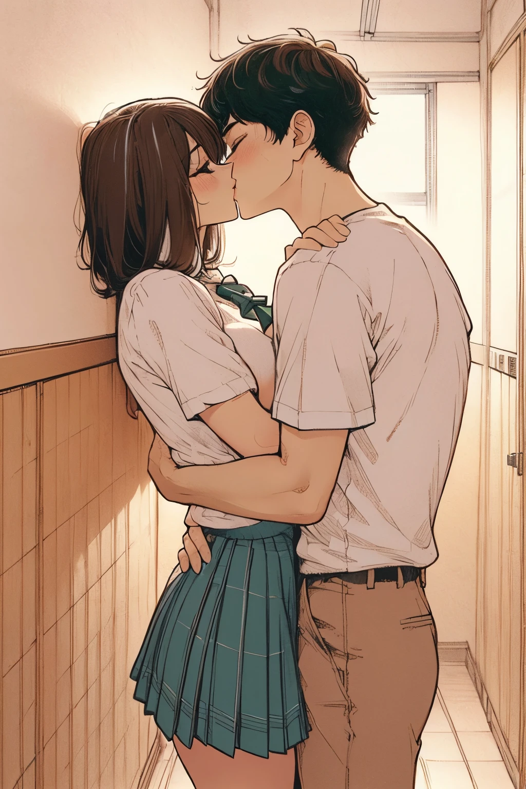 Amazing portrait of a sexy and woman wearing a black and white striped t shirt and a dark green skirt kissing and making out passionately with a shirtless boy on the bed in an intimate setting