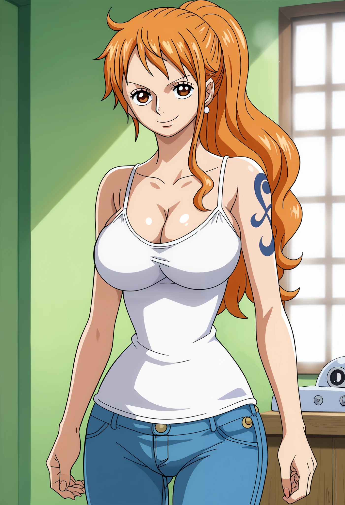 score_9_up, best quality, cowboy shot, anime_source, anime style, (SOLO:1.7), 1girl, Nami, orange hair, (white comesole:1.6), morning, (ponytail:1.7), (serious smile:1.3), (curvy body:0.7),), (slightly looking at the viewer:1.2) (Medium breasts:1.5), jeans
