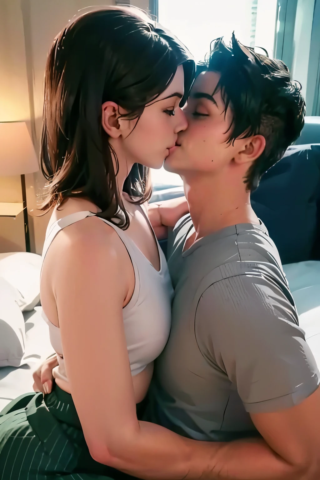 Boy wearing navy blue t shirt and black shorts kissing a sexy girl sitting on his lap wearing white and orange striped shirt and pink shorts in bed