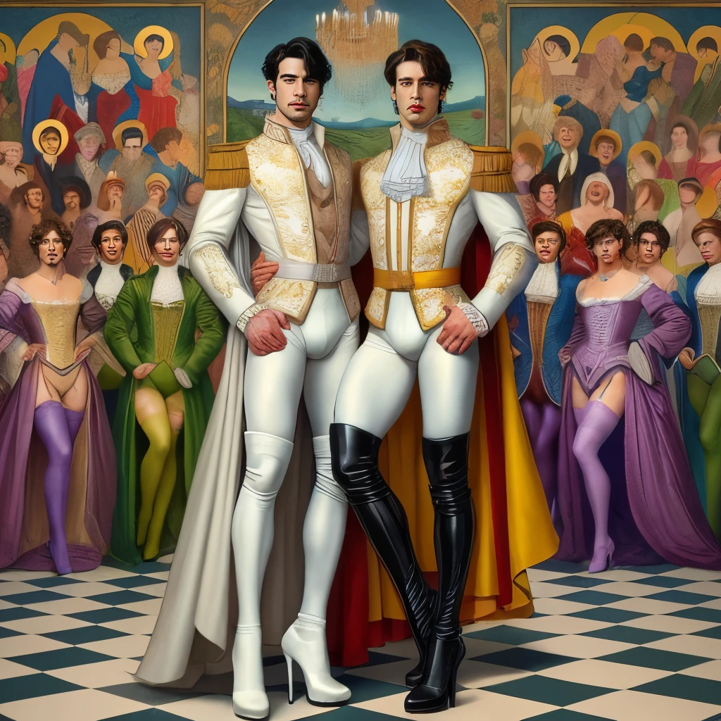 full view full body, two muscular guys, in royal skinny uniform, white skinny tights, high skinny black boots, standing in the throne room 