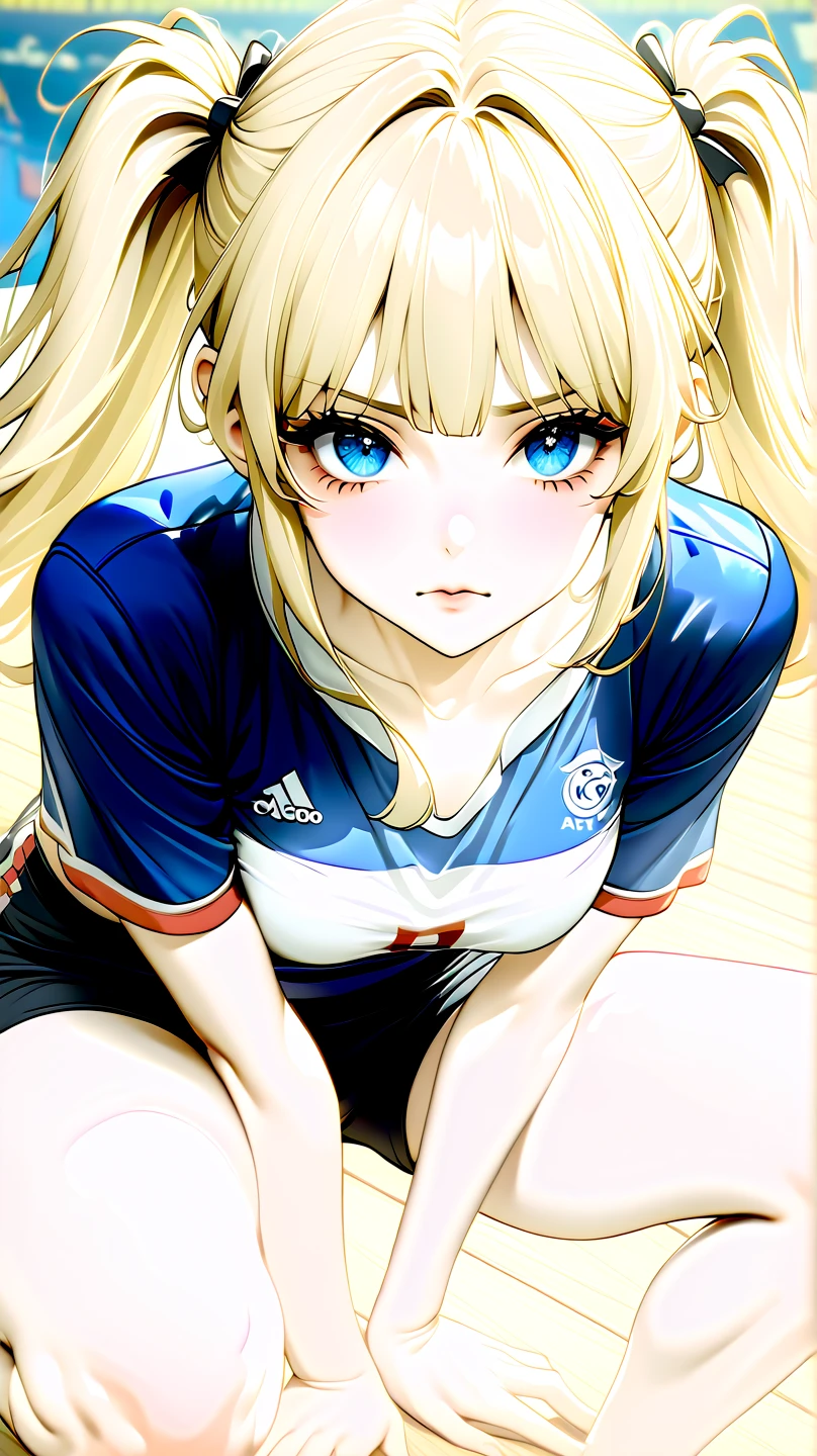 (masutepiece:1.5)、(top-quality:1.5)、(16k wallpaper:1.2)、(Photorealsitic:1.2)、(ultra-detailliert:1.2)、(超A high resolution:1.2)、(Highly detailed and realistic skin:1.2)、(Very detailed and clean sharp eyes:1.2)、(bright blue soccer uniform:1.5)、(Couple having intense sex :1.5)、(Love juice overflowing from the vagina:1.3)、(In the school soccer club room)、beautiful sunlight from the window、(Naked woman with slender figure:1.3)、(Beautiful 18 year old woman:1.2)、Beautiful eyeliner、eyeshadows、Natural Color Lip、(long blonde wavy hair covering one eye:1.2)、the chest is medium、Cute smile、(Ahegao:1.3)、(Screaming)