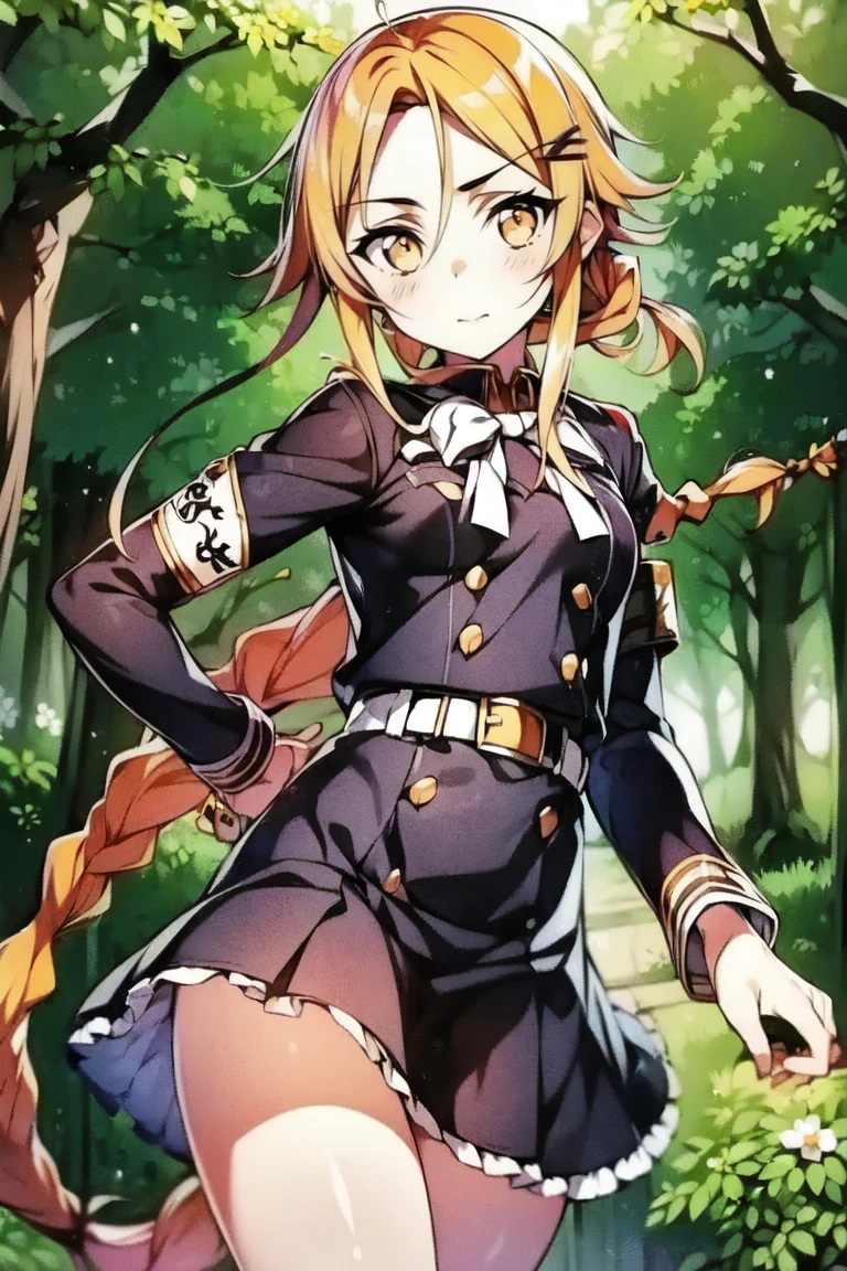 masterpiece, best quality, miranda, hat, serafuku, midriff, suspenders, red neckerchief, pleated skirt, black gloves, black thighhighs, thick thighs, cowboy shot, looking at viewer, smile, crouching, park, trees