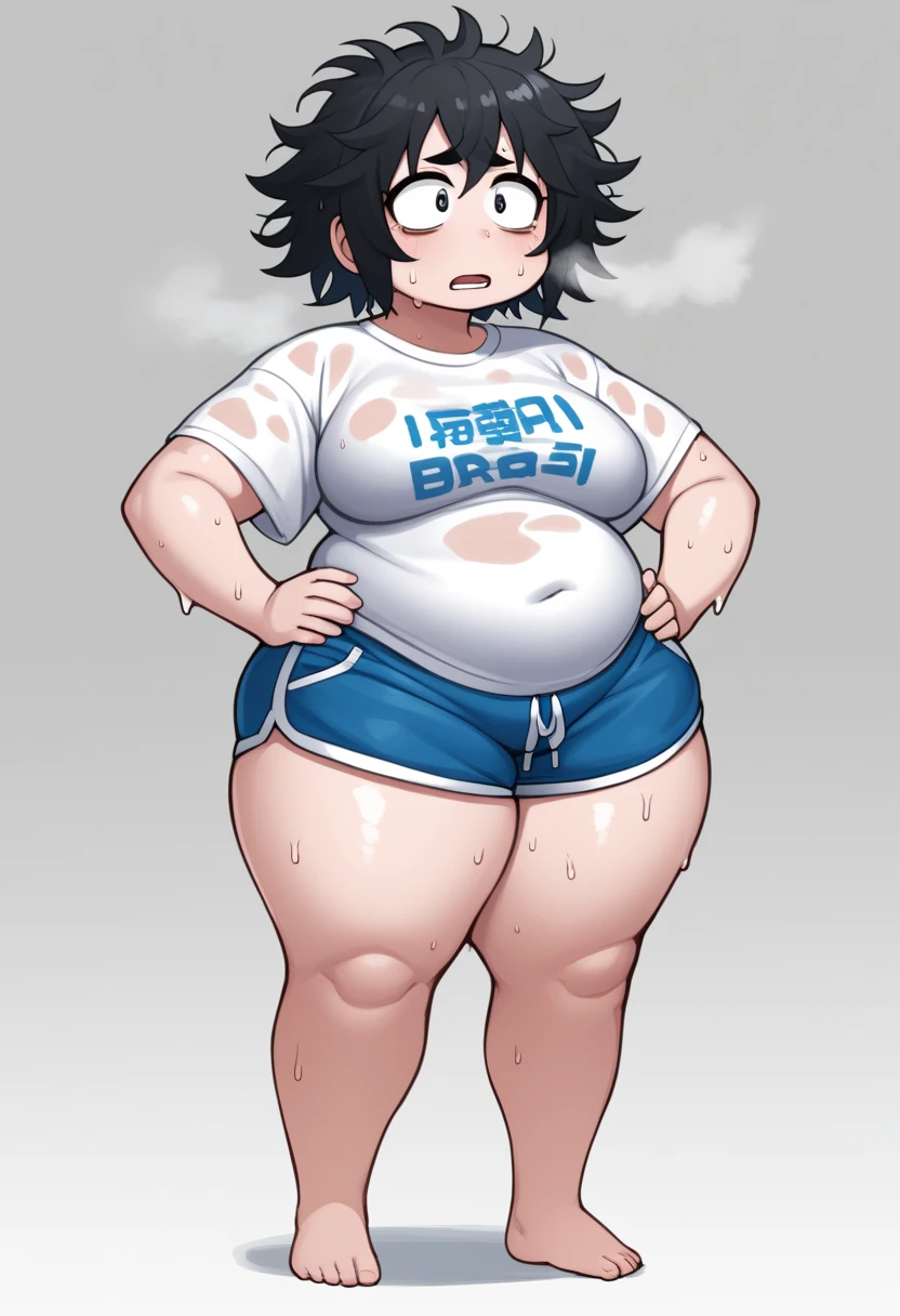 KpyoriGirl , score_9, 1 girl, Alone , chubby, big arms, thick thighs, oversized gray t-shirt , blue shorts,tired, full body, sweaty, out of breath , dripping sweat , wet with sweat , open your mouth, hands on hips, Drenched with sweat on the shirt, messy hair, diadema roja, half-open eyes