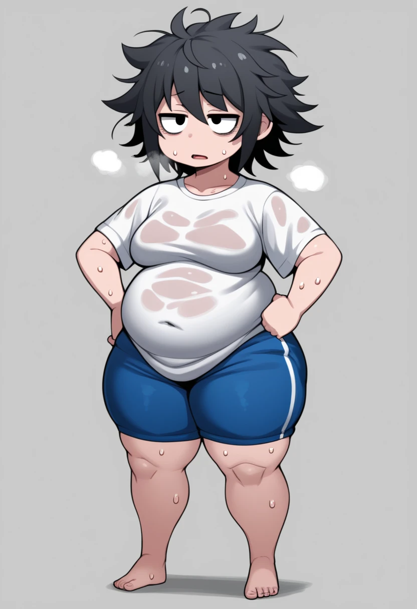 KpyoriGirl , score_9, 1 girl, Alone , chubby, big arms, thick thighs, oversized gray t-shirt , blue shorts,tired, full body, sweaty, out of breath , dripping sweat , wet with sweat , open your mouth, hands on hips, Drenched with sweat on the shirt, messy hair, diadema roja, half-open eyes