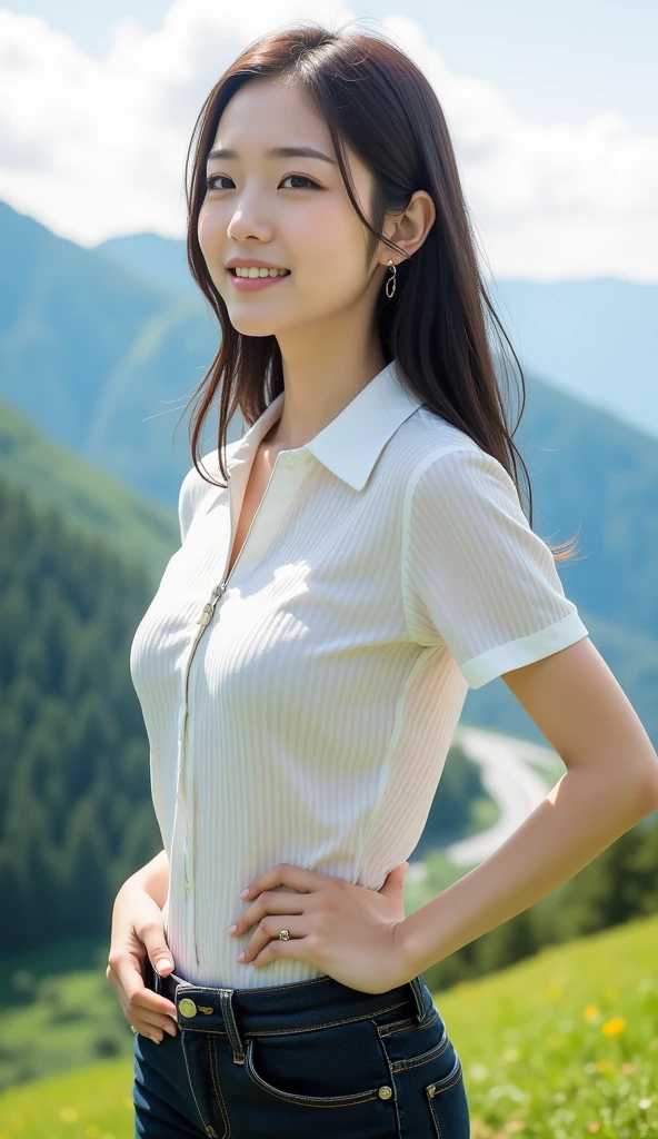 asian woman, full_body, standing, sandals, (shirt), pants, (swiss alps), (minitw: 1.3), perfect face, (contact iris: 1.1), pale skin, skin pores , depth of field