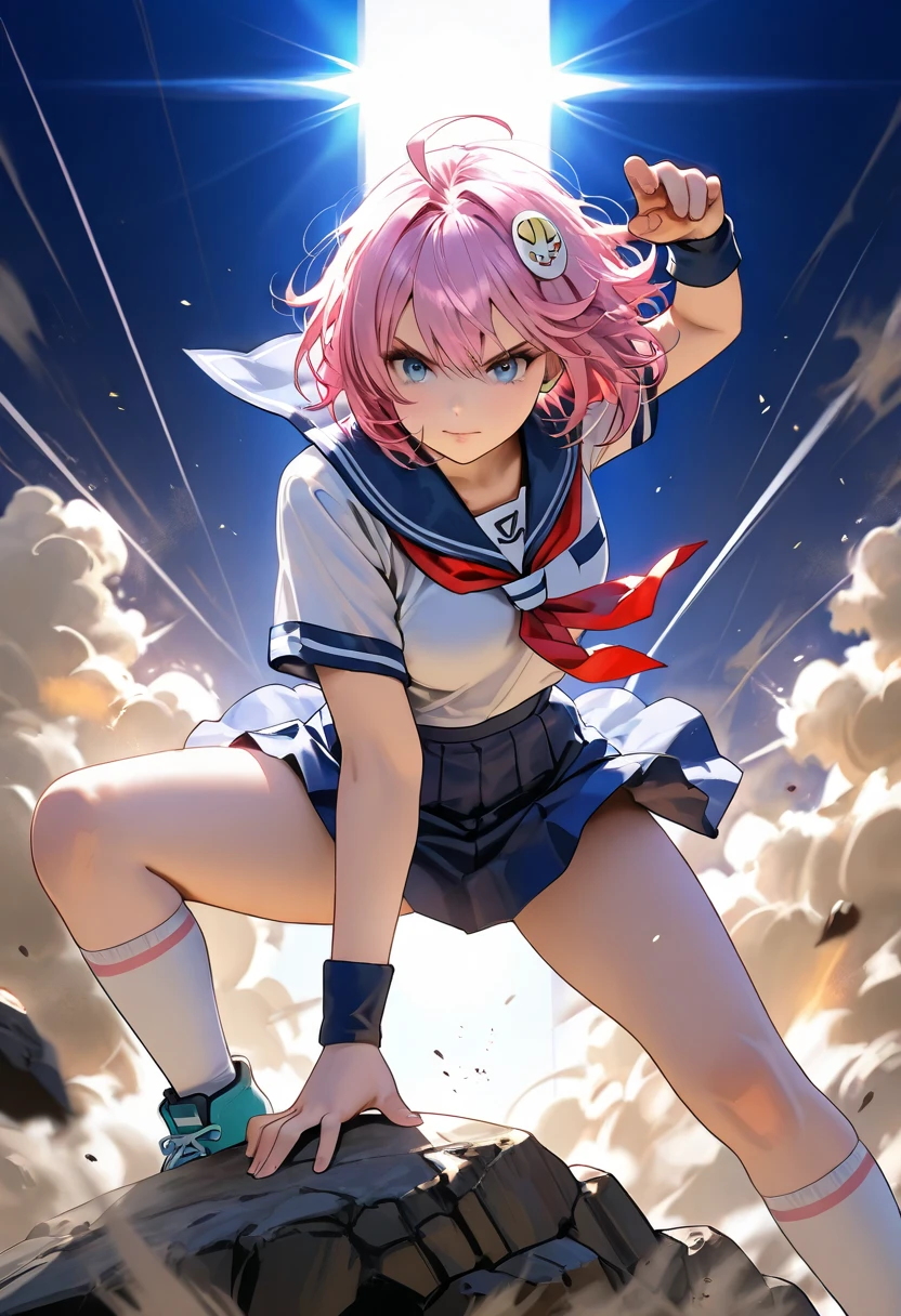 1girl, 14 years old, pink outer hair, white inner hair ,short hair, pink eyes, glowing eyes, blue sailor uniform with red tie, pink panties, small boobs, smile, showing teeth, red ribbon, beautiful and detailed face, nsfw showing boobs, classroom