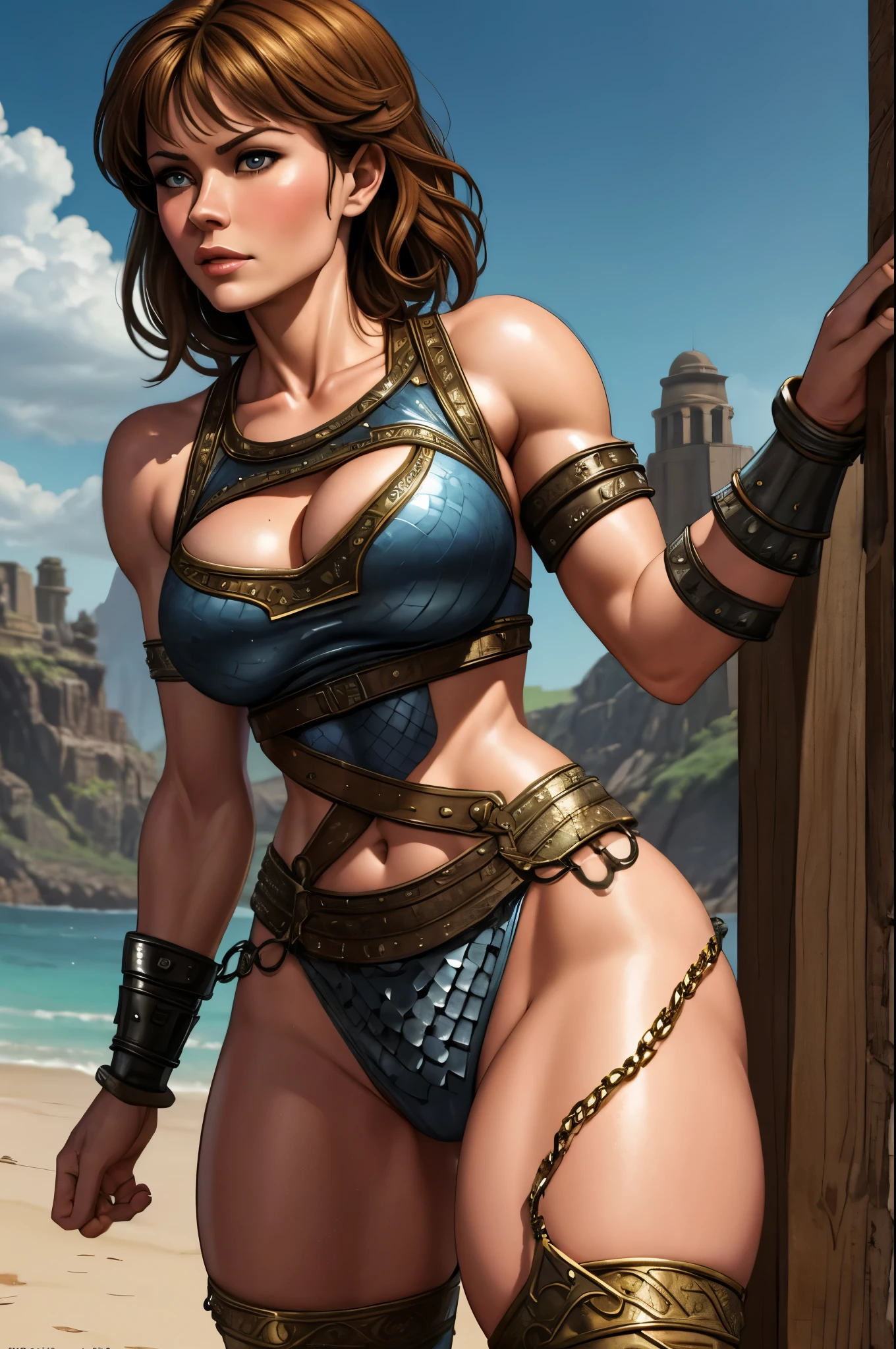 masterpiece, best quality, 1girl, modelshoot style, solo, (extremely detailed 8k wallpaper), (medium shot photo of a sexy, beautiful fantasy warrior)1.5, <lora:adventurers_v1:0.8>, (bikini warrior armor, opaque stockings, knee-high boots)1.2, (toned body)1.2, (standing on an tropical beach, sunset)1.4, (extra large breasts)1.4, detailed skin texture, detailed cloth texture, beautiful detailed face, ultra detailed, 8k, intricate details
