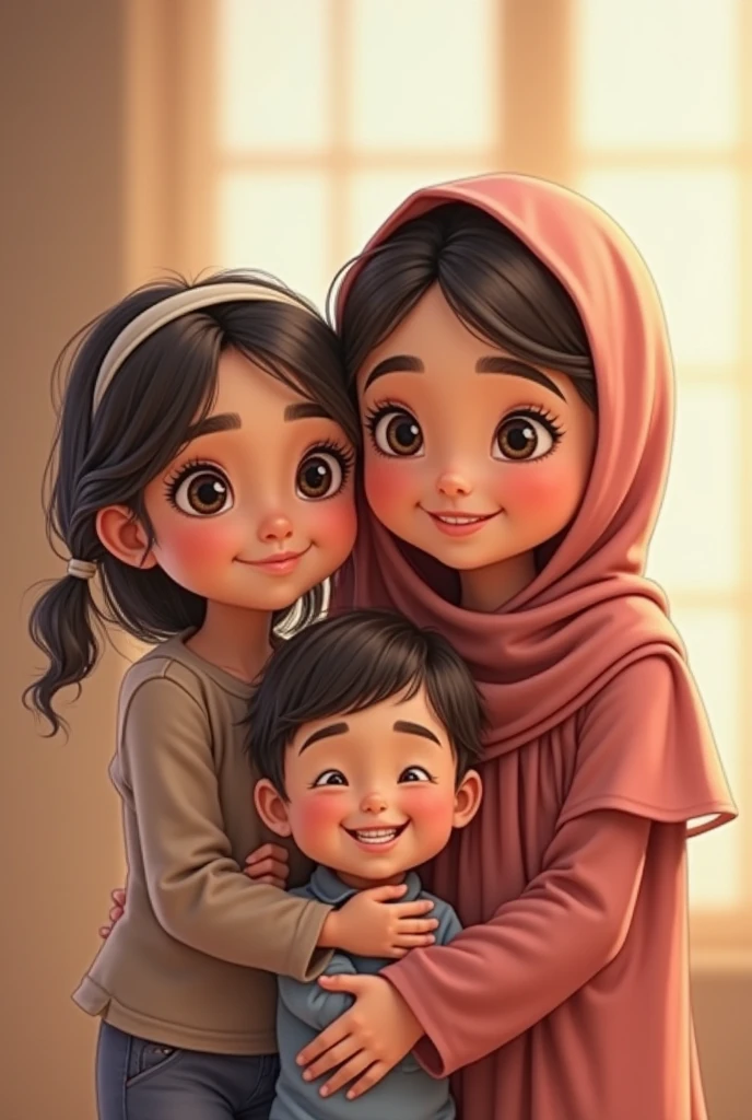 1 Muslim mother , with one eldest daughter, then one daughter and one son same age, then 1 youngest daughter total family of 5 persons