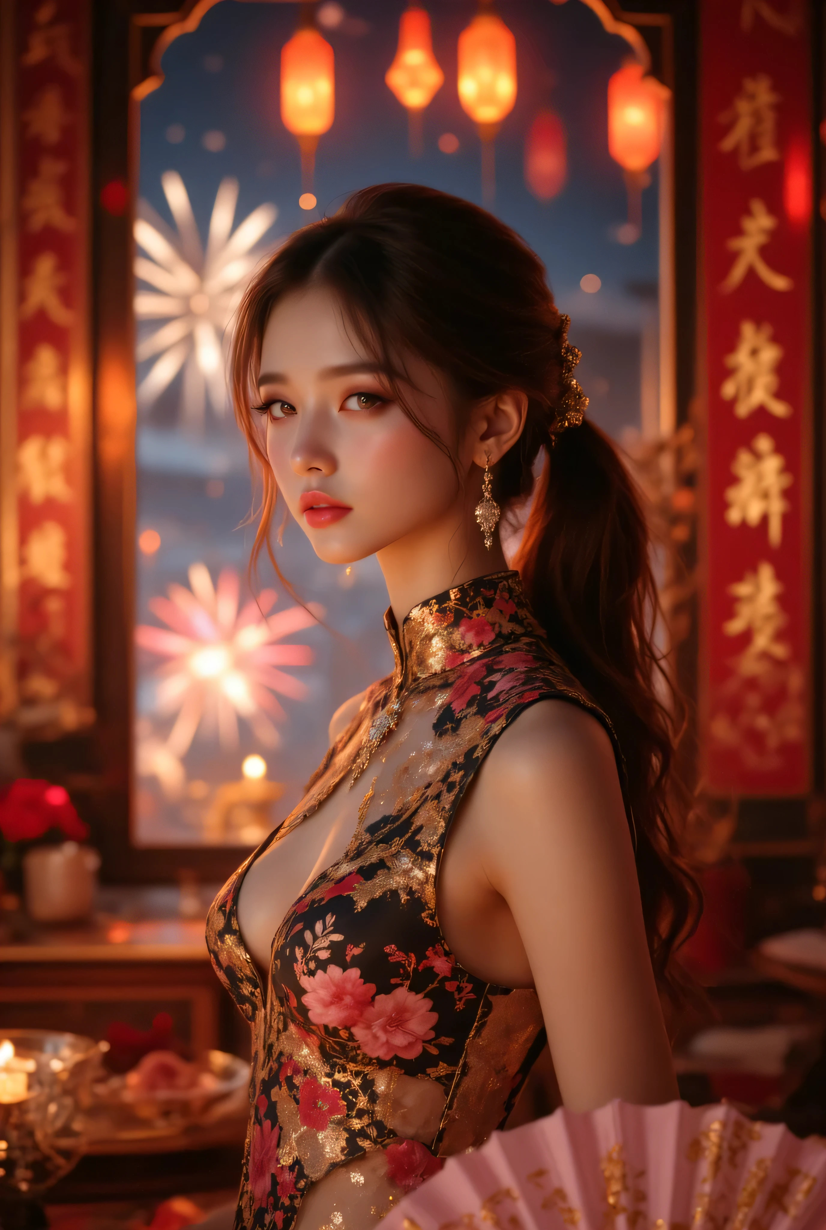 (On the veranda of a traditional Japanese house)、masterpiece、light makeup、Red lips、Beautiful Hair、(Medium Hair:1.3)、elegant、Very delicate detailasterpiece、Authentic texture、Cinematic Lighting Realism、Perfect job、16K、High resolution、exquisite features、Brown eyes、(超High resolutionの目:1. 1)、Japanese Idols、Beautiful Face、(Gentle smile like a goddess)、Charm、Shapely breasts、Beautiful valley、Shiny skin、((Nude side slit floral dress:1. 3))、break、big, crisp eyes、Smooth Skin、Earrings、necklace、Standing posture、(Ground shot:1.2)、(Sit on the balcony corridor)、(A beautiful girl watching multiple fireworks sparkling in the night sky from the balcony)、(A collaboration of large and small fireworks that illuminate the surroundings)、((Back view of people watching fireworks。The gaze is not on the camera、Suitable for outdoor fireworks)),((Look up and see far away))