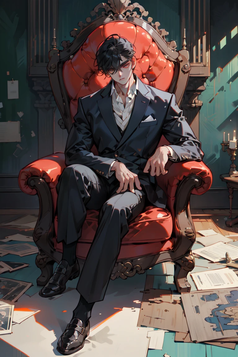 Business suit，brunette color hair，（sad expressions），tmasterpiece，Overlooking，Sit Pose，a throne，male people